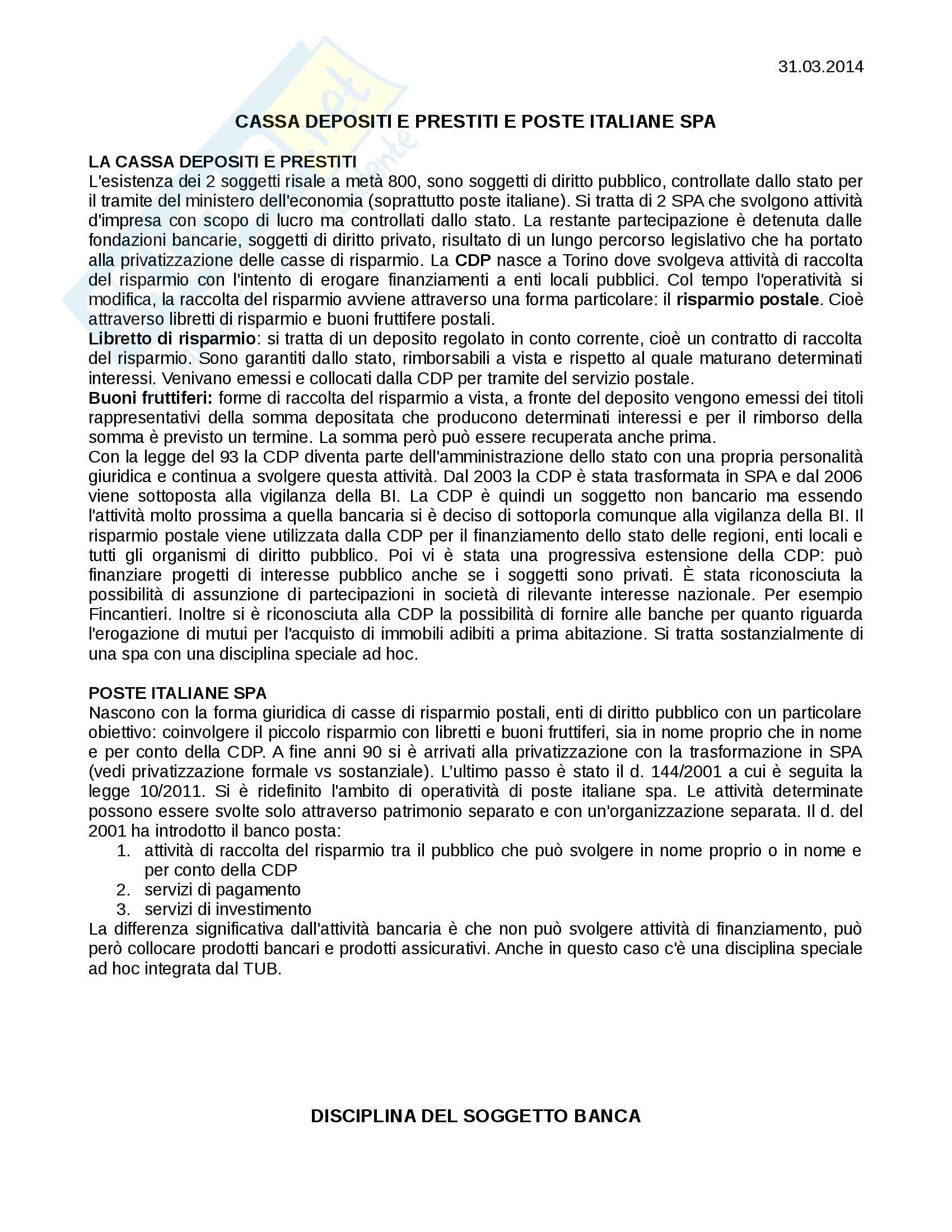 Diritto bancario - Cassa Depositi e Prestiti e Poste Italiane SPA Pag. 1