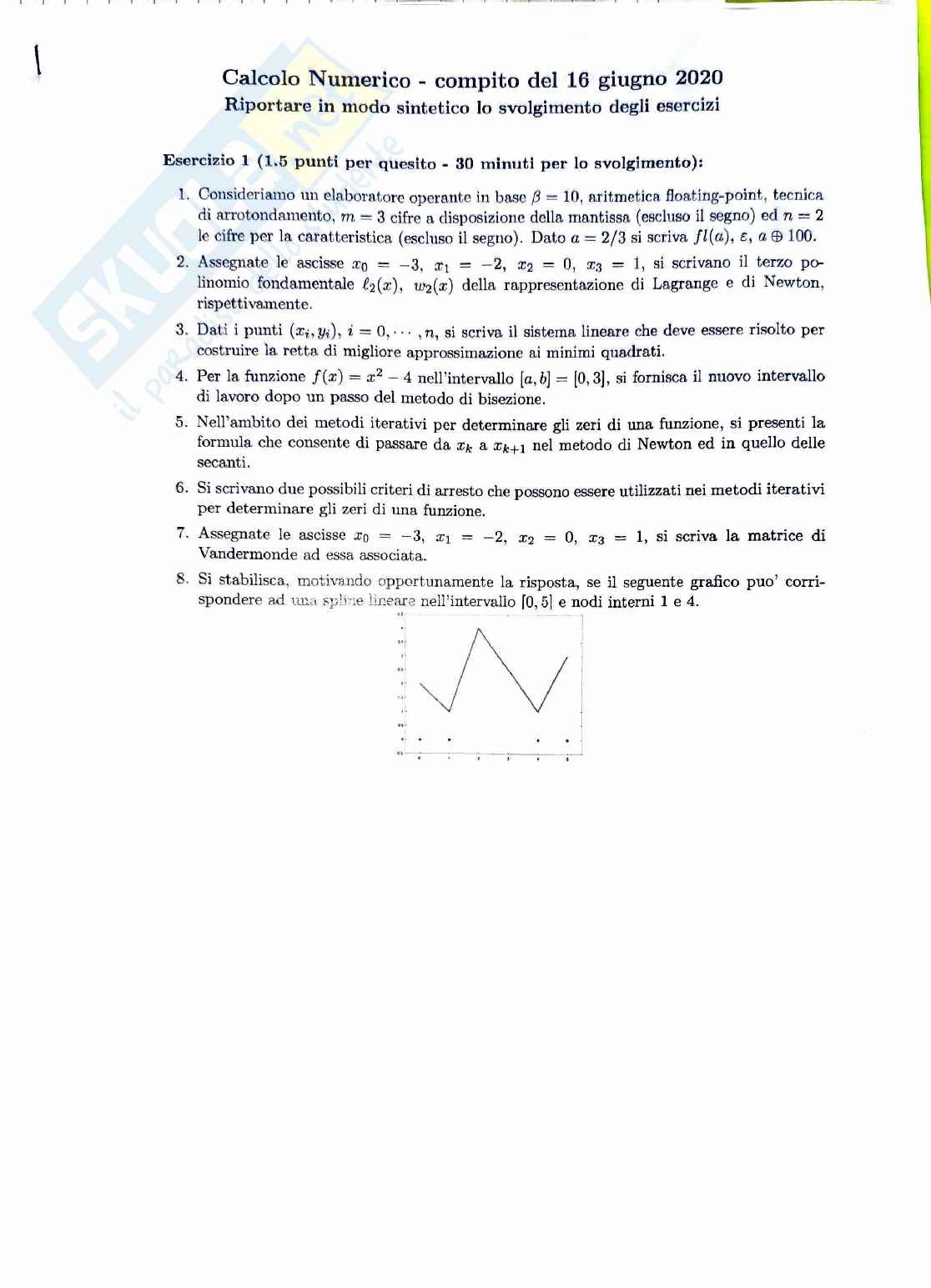 Esame Calcolo numerico 16 Giugno 2020 Pag. 1