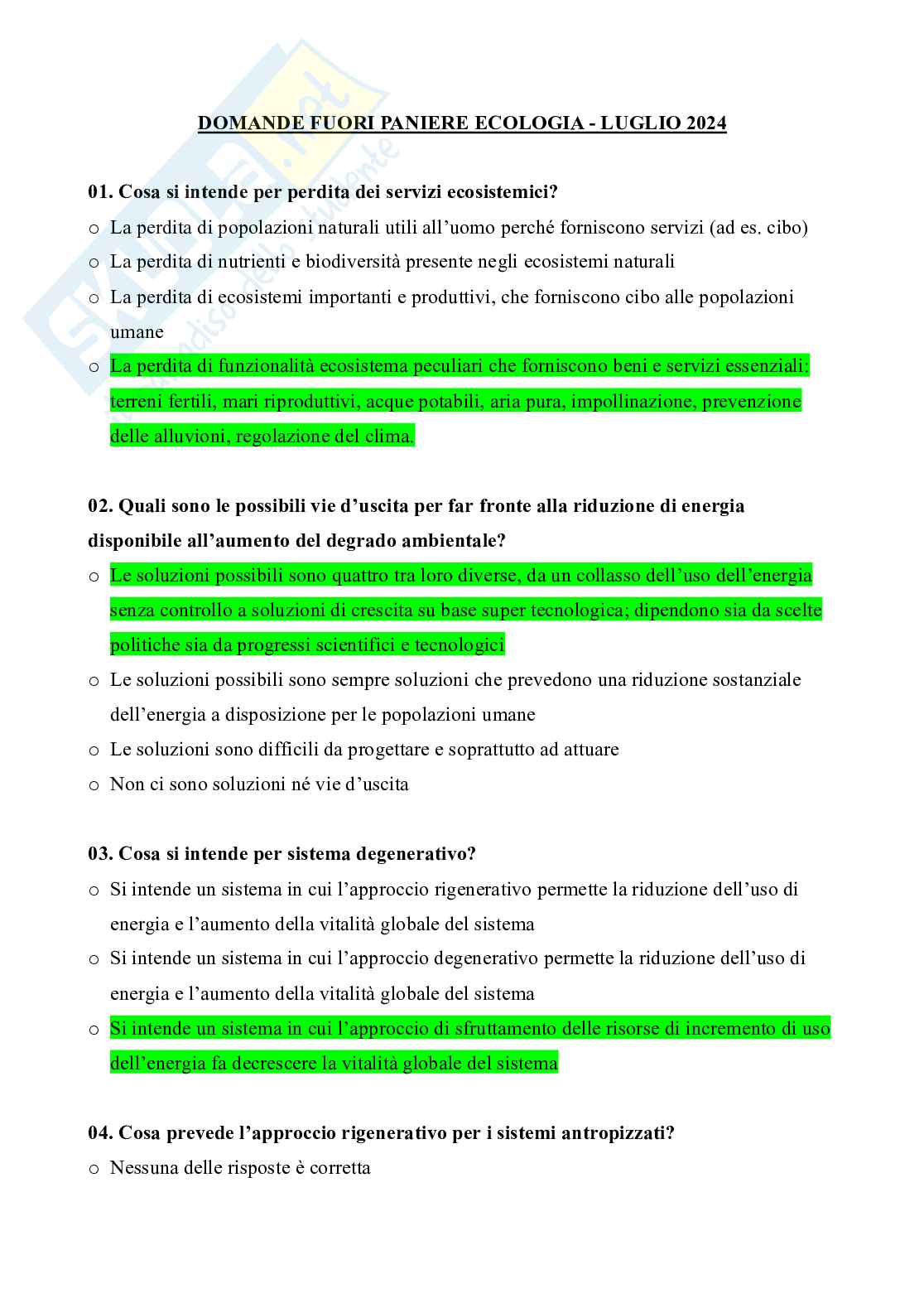 Risposte alle domande fuori paniere Ecologia Pag. 1