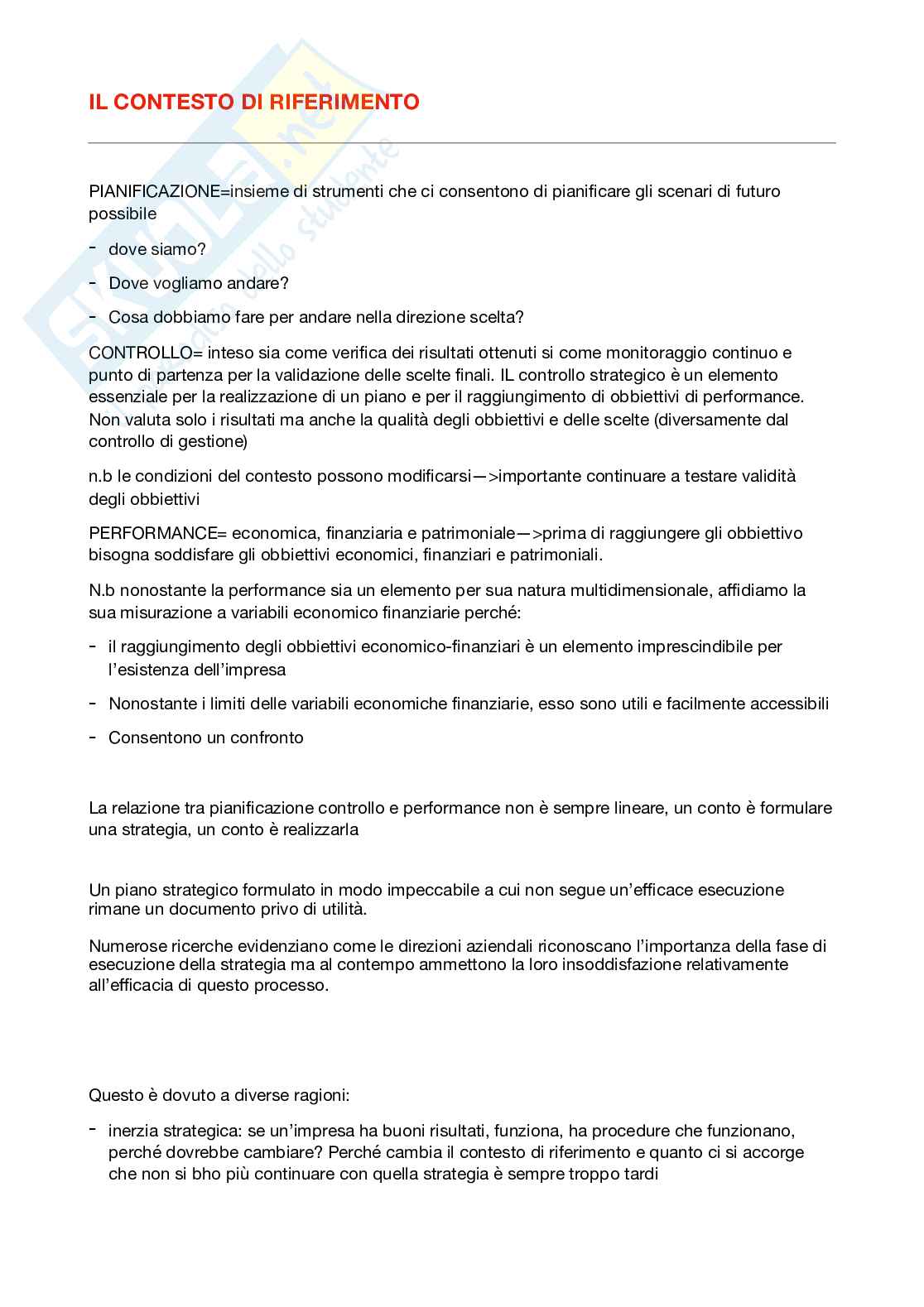 Appunti di Controllo strategico e performance aziendale Pag. 1