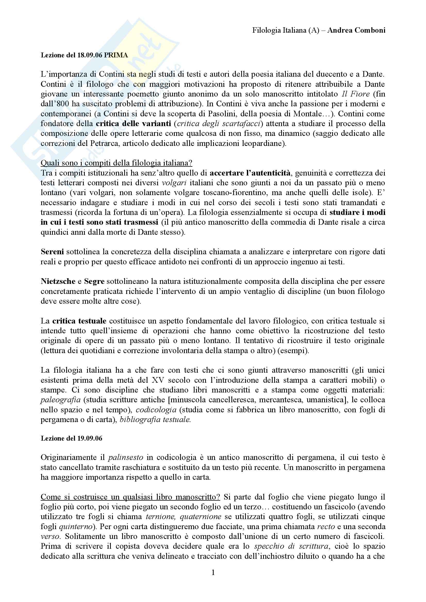 Filologia italiana - lezioni Pag. 1