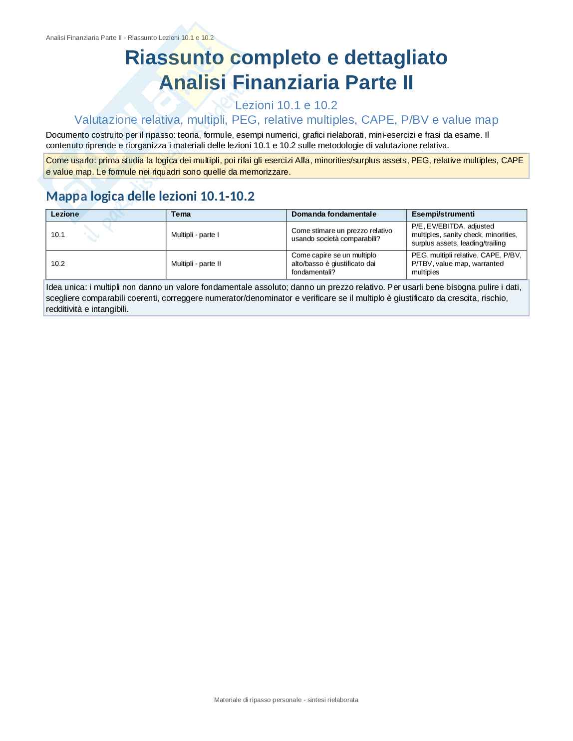 Appunti di Analisi finanziaria sui multipli Pag. 1