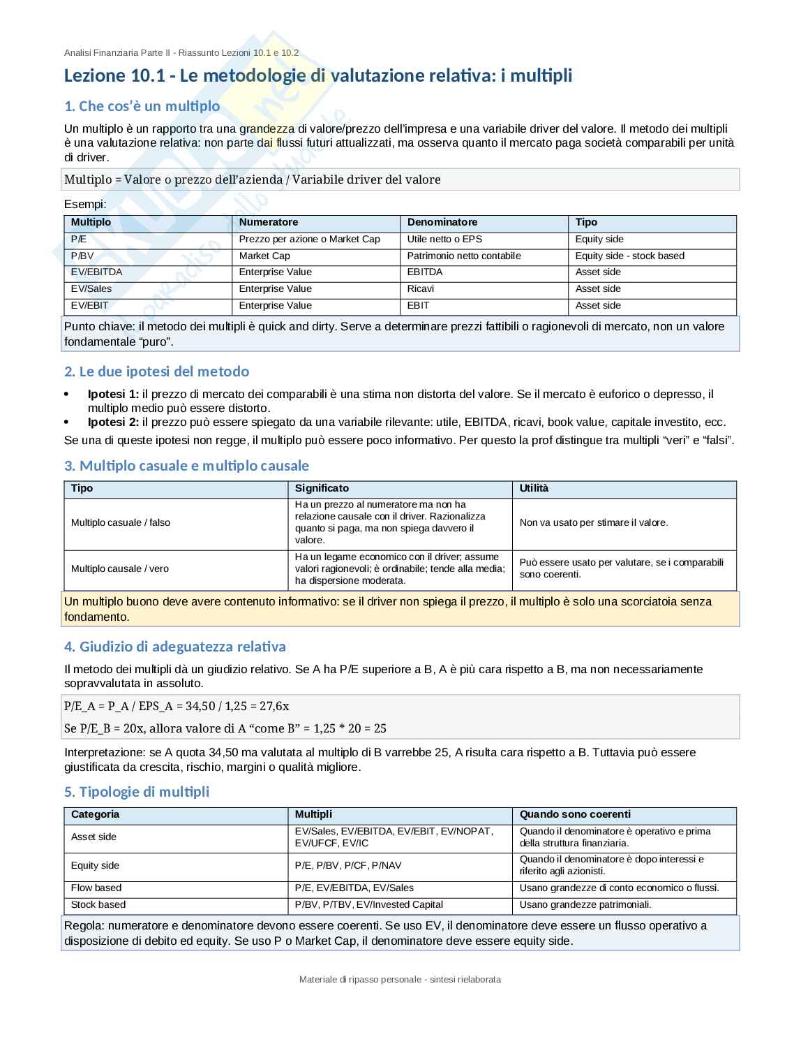 Appunti di Analisi finanziaria sui multipli Pag. 2