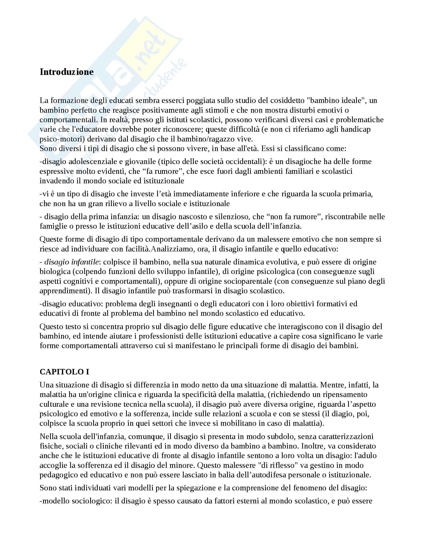 Riassunto per l'esame di Pedagogia, prof. Gritti, libro consigliato Il disagio educativo al nido e alla scuola dell'infanzia di Giuseppe Nicolodi Pag. 1