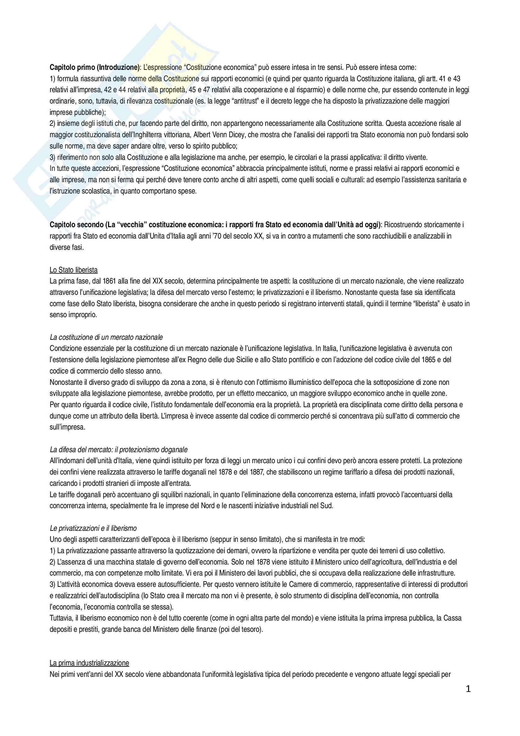 Riassunto esame Diritto Pubblico Dell'economia, prof. Cassella, libro consigliato La nuova Costituzione, Cassese Pag. 1