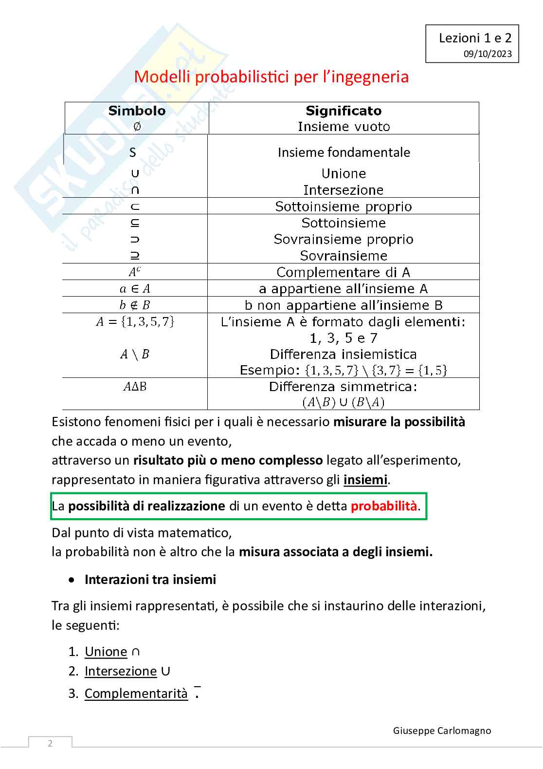 Modelli probabilistici per l'ingegneria - Appunti presi a lezione Pag. 2