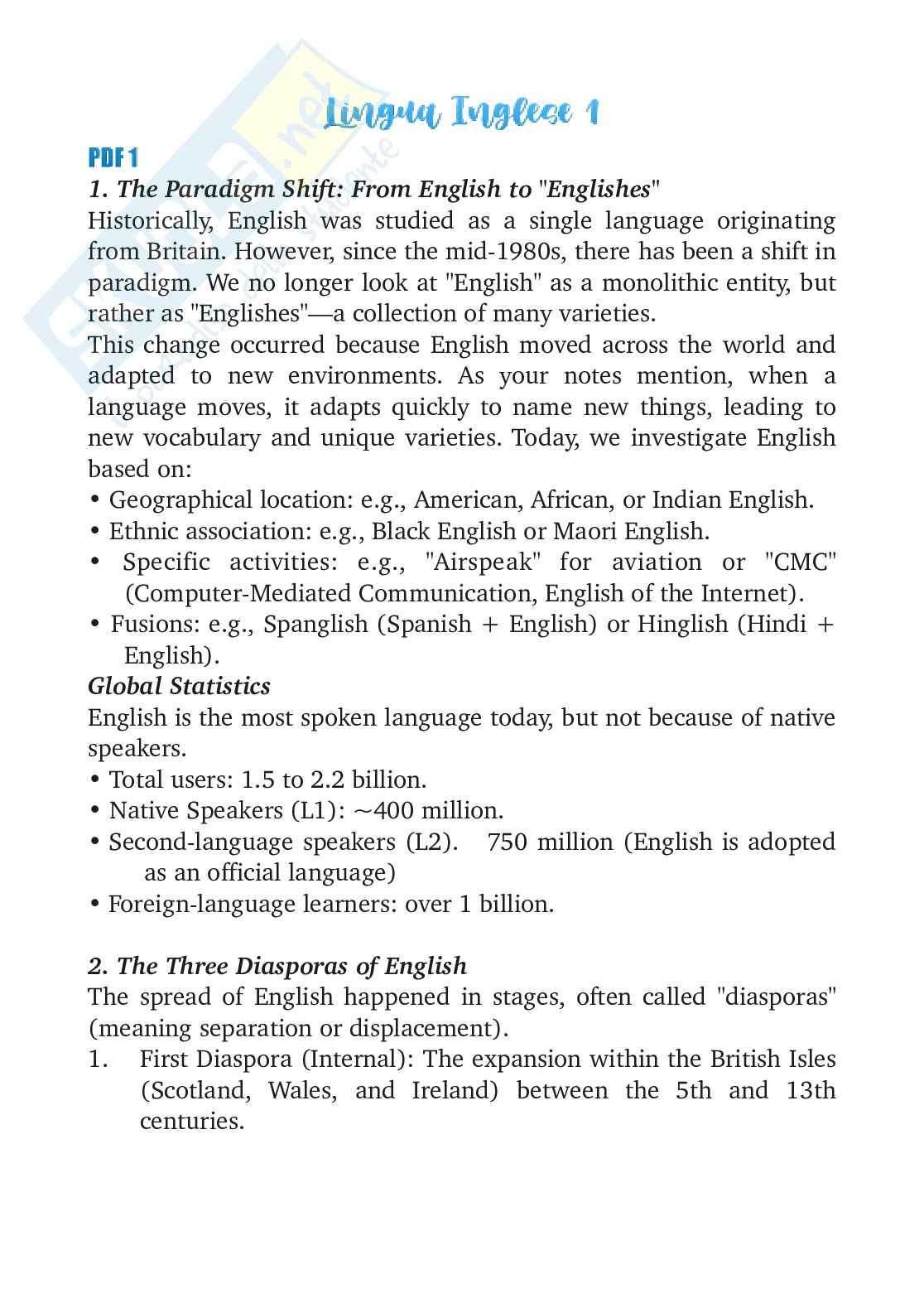 Appunti di Lingua inglese 1  Pag. 1
