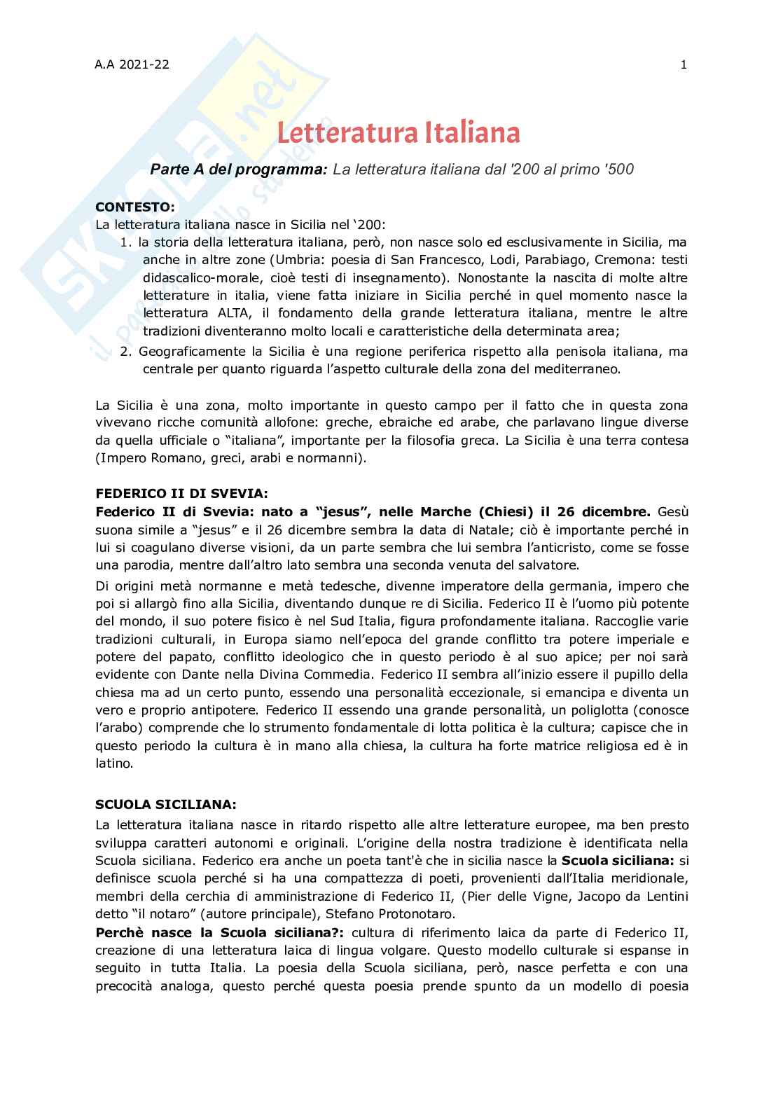 Letteratura italiana (modulo A) Pag. 1