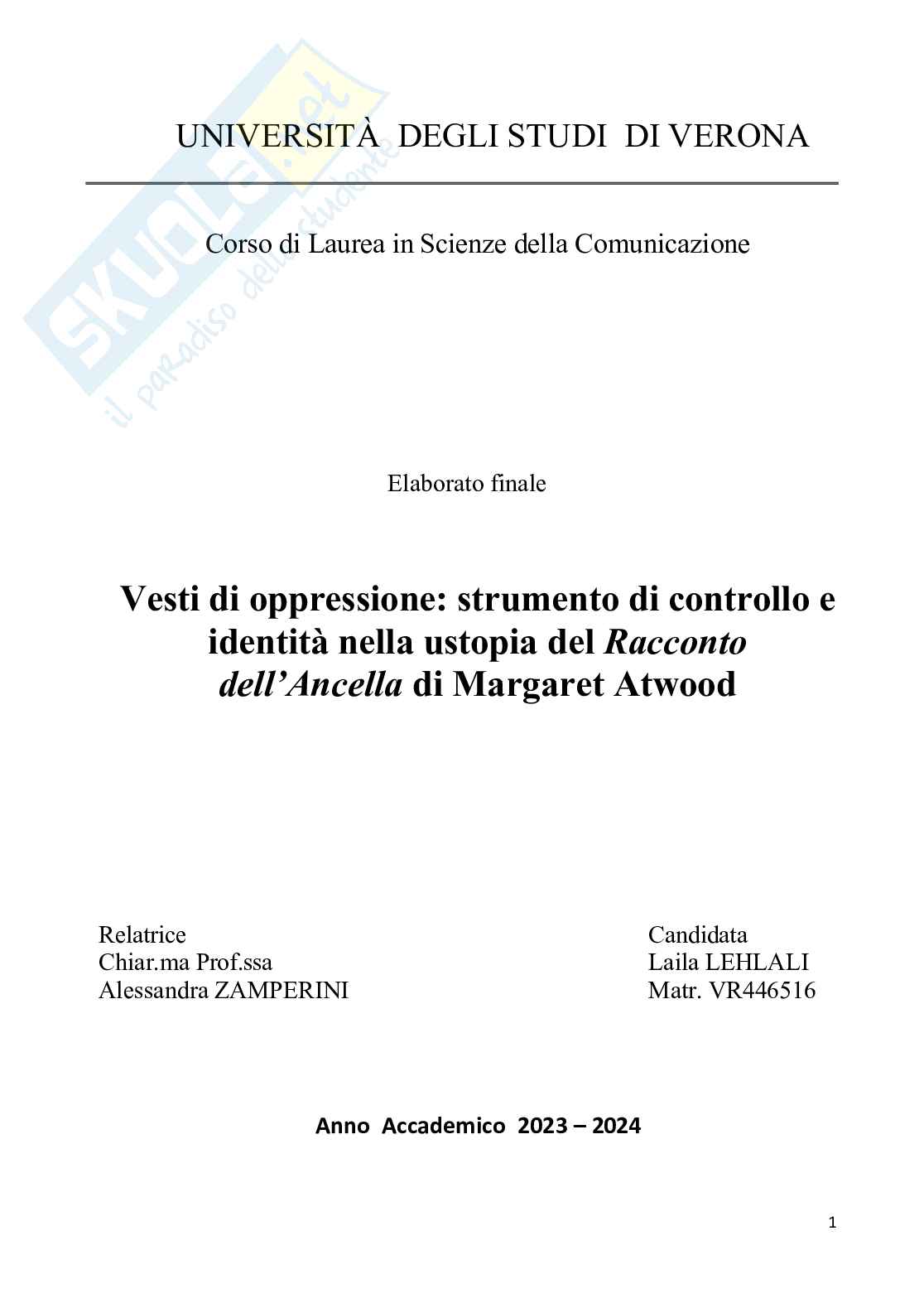 Vesti di oppressione: strumento di controllo e identità nella ustopia del Racconto dell’Ancella di Margaret Atwood Pag. 1