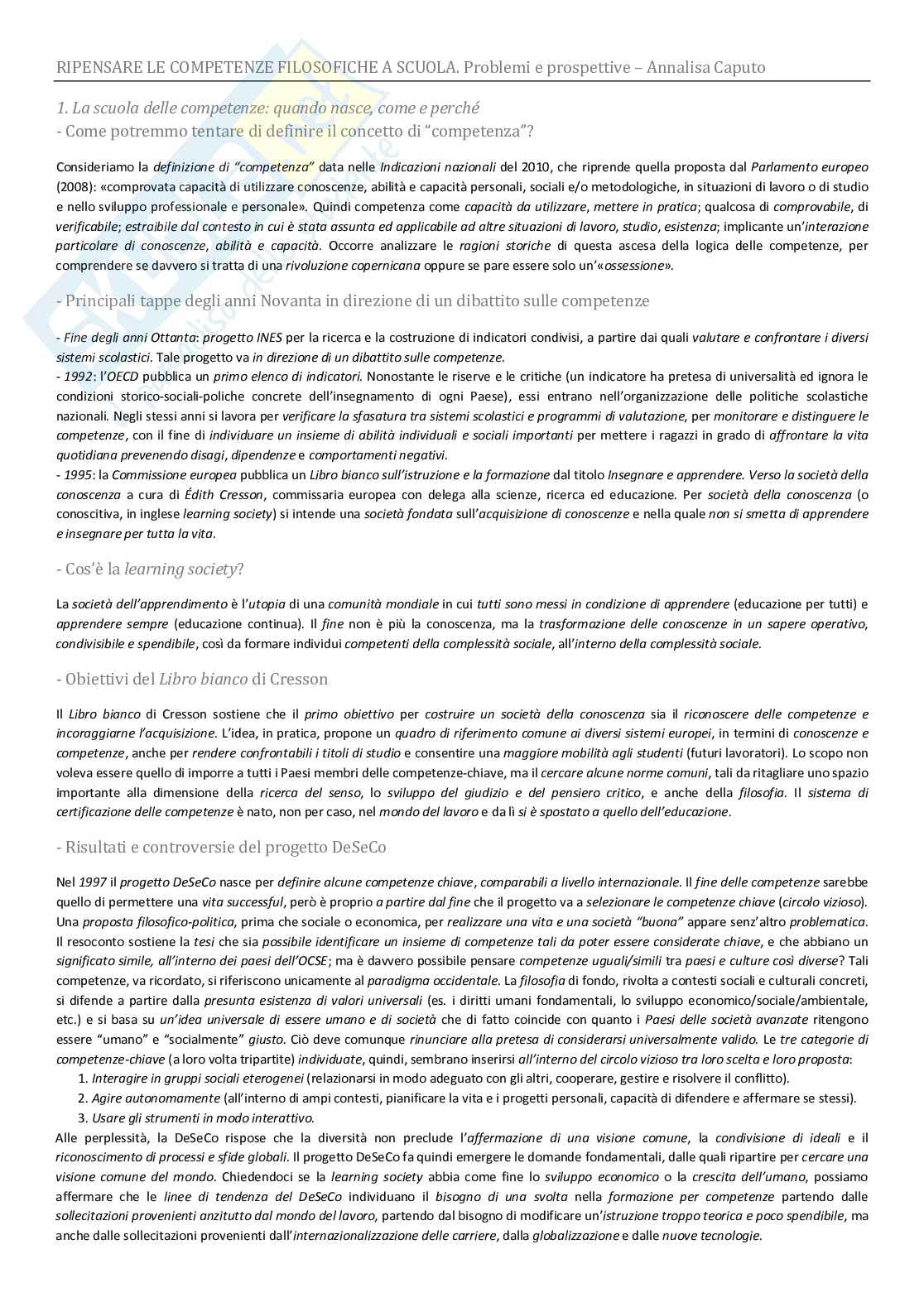 Riassunto esame Didattica della filosofia, prof Perfetti, libri consigliati Caputo e Gaiani Pag. 1