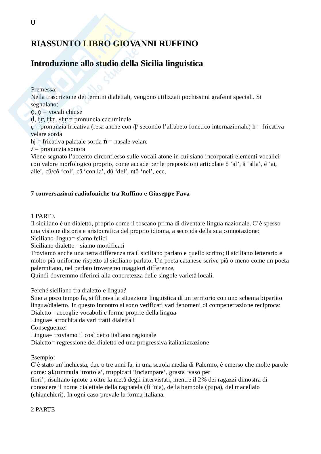 Riassunto esame Istituzioni di linguistica italiana, Prof. D’avenia Elena, libro consigliato Introduzione allo studio della Sicilia linguistica , Giovanni Ruffino Pag. 1