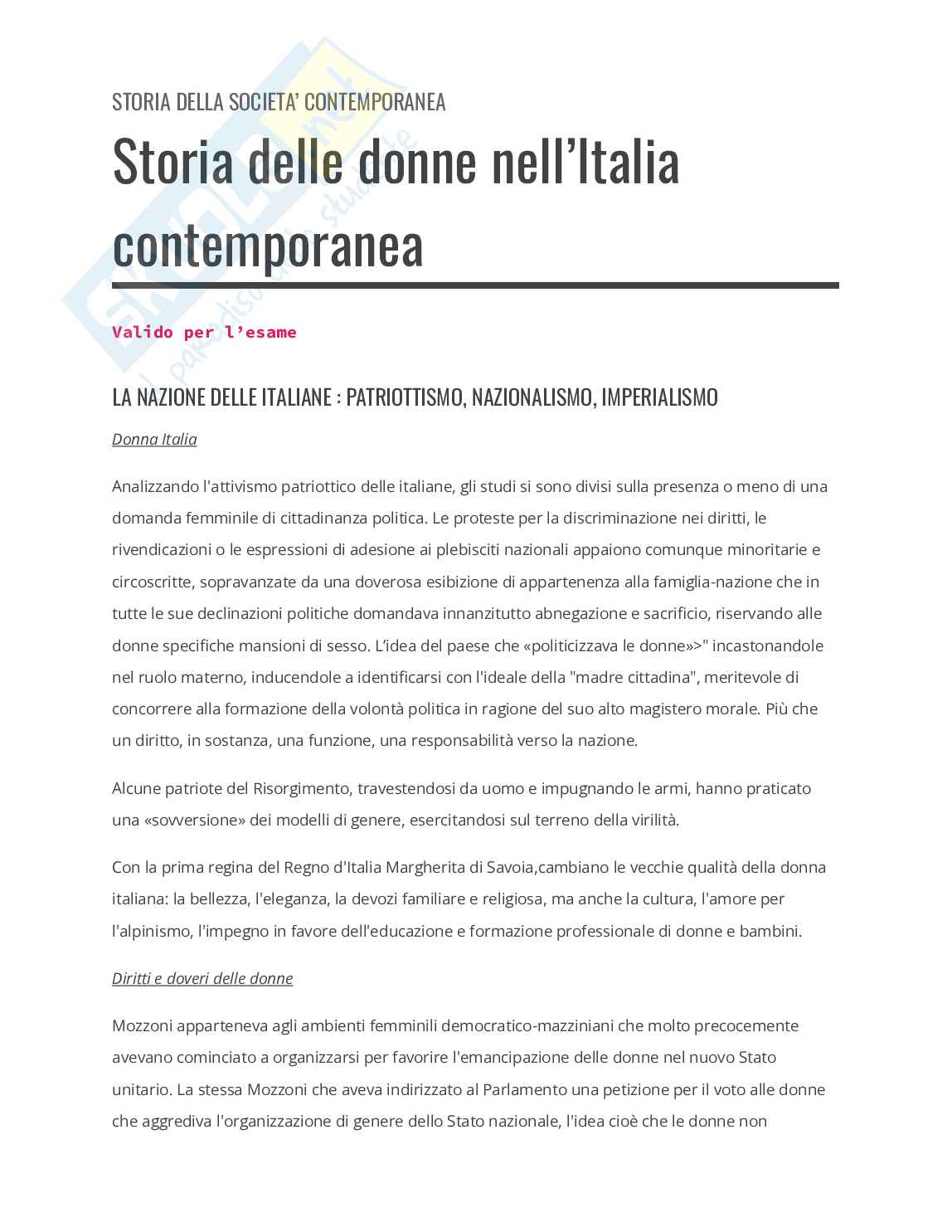 Riassunto esame Storia della società contemporanea, Prof. Venturoli Sofia, libro consigliato Storia delle donne nell'Italia contemporanea, Silvia Salvatici Pag. 1