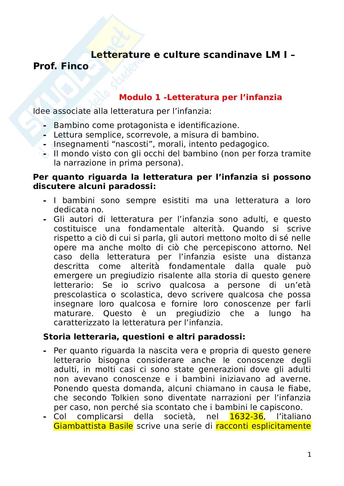 Appunti primo modulo Letterature e culture scandinave LM - Letteratura per l'infanzia Pag. 1