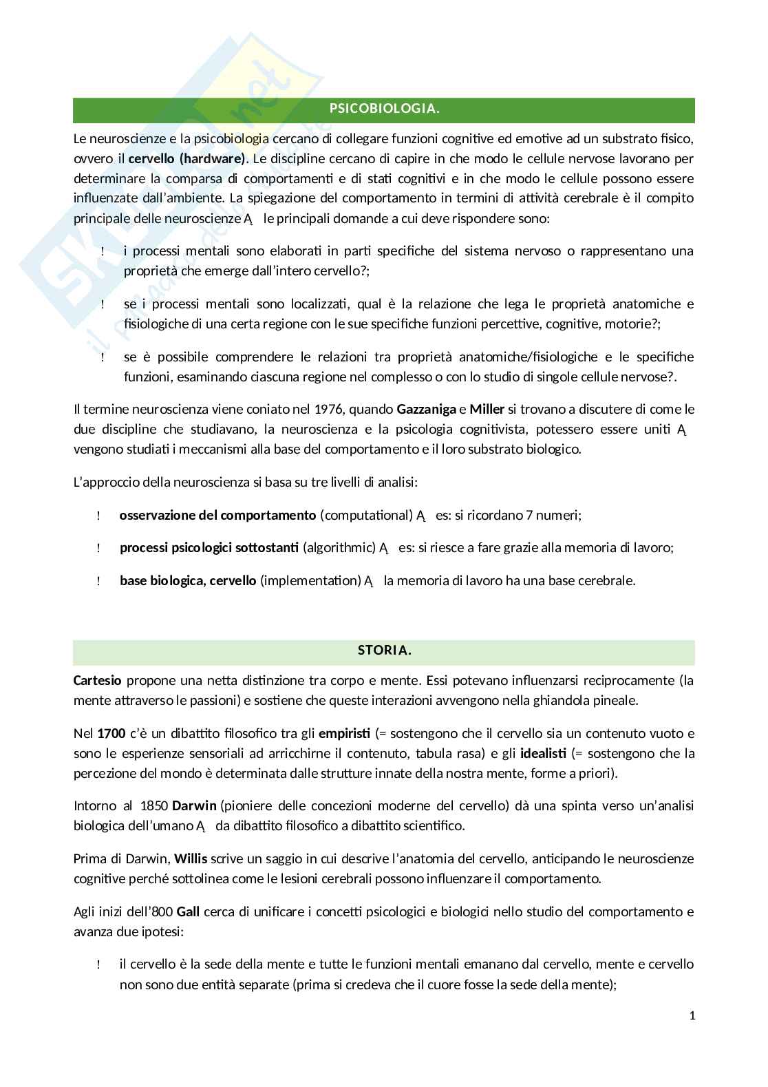 Appunti Psicobiologia Pag. 1