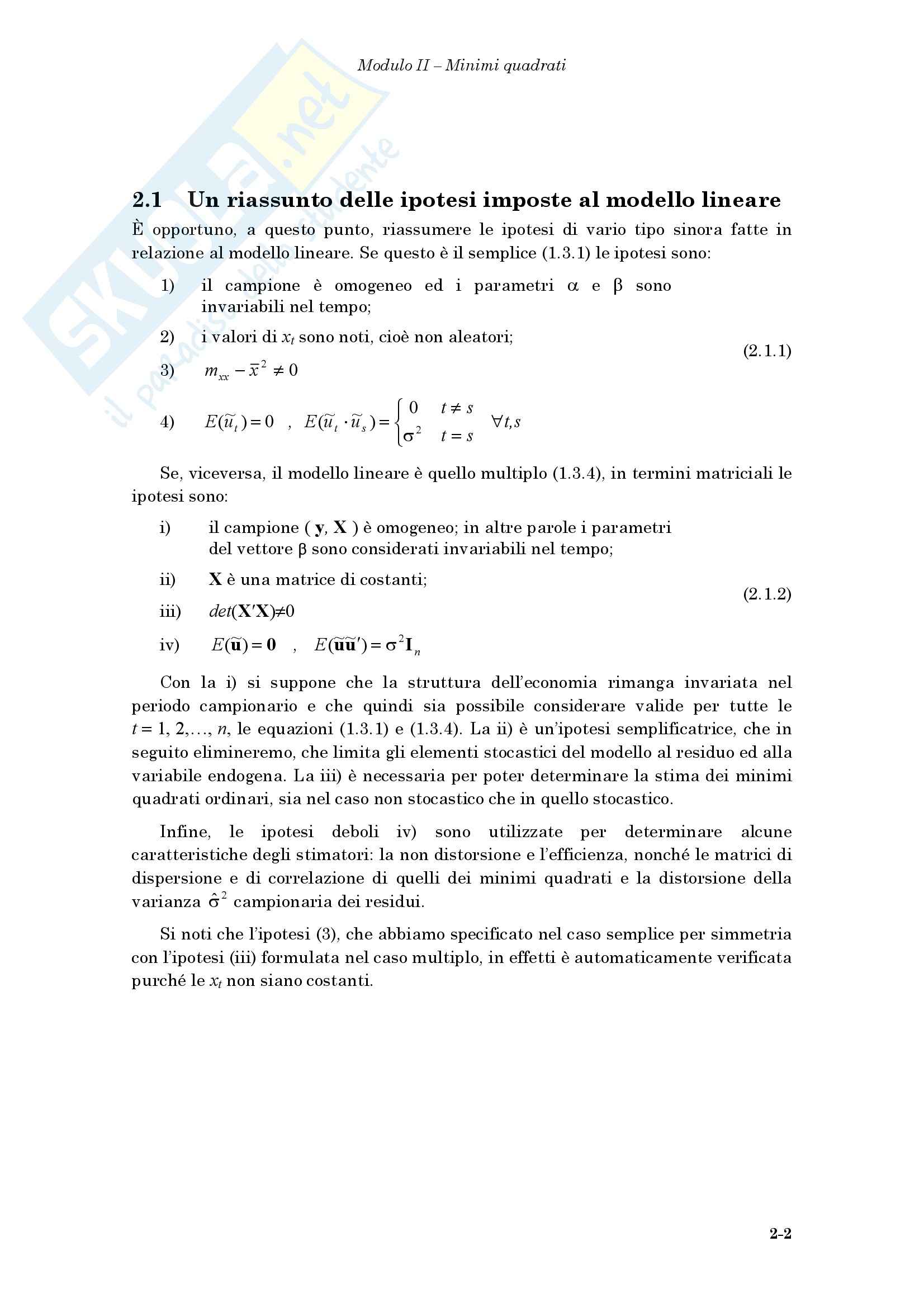Econometria - le ipotesi forti sui residui Pag. 2