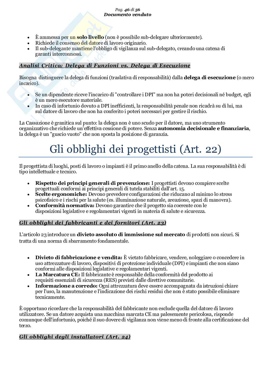 Riassunto esame Diritto del lavoro, Prof. Pascucci Paolo, libro consigliato I principi fondamentali della tutela e della sicurezza sul lavoro), capitolo 1 e 4 (sezione 1 e 2), Pascucci Pag. 46