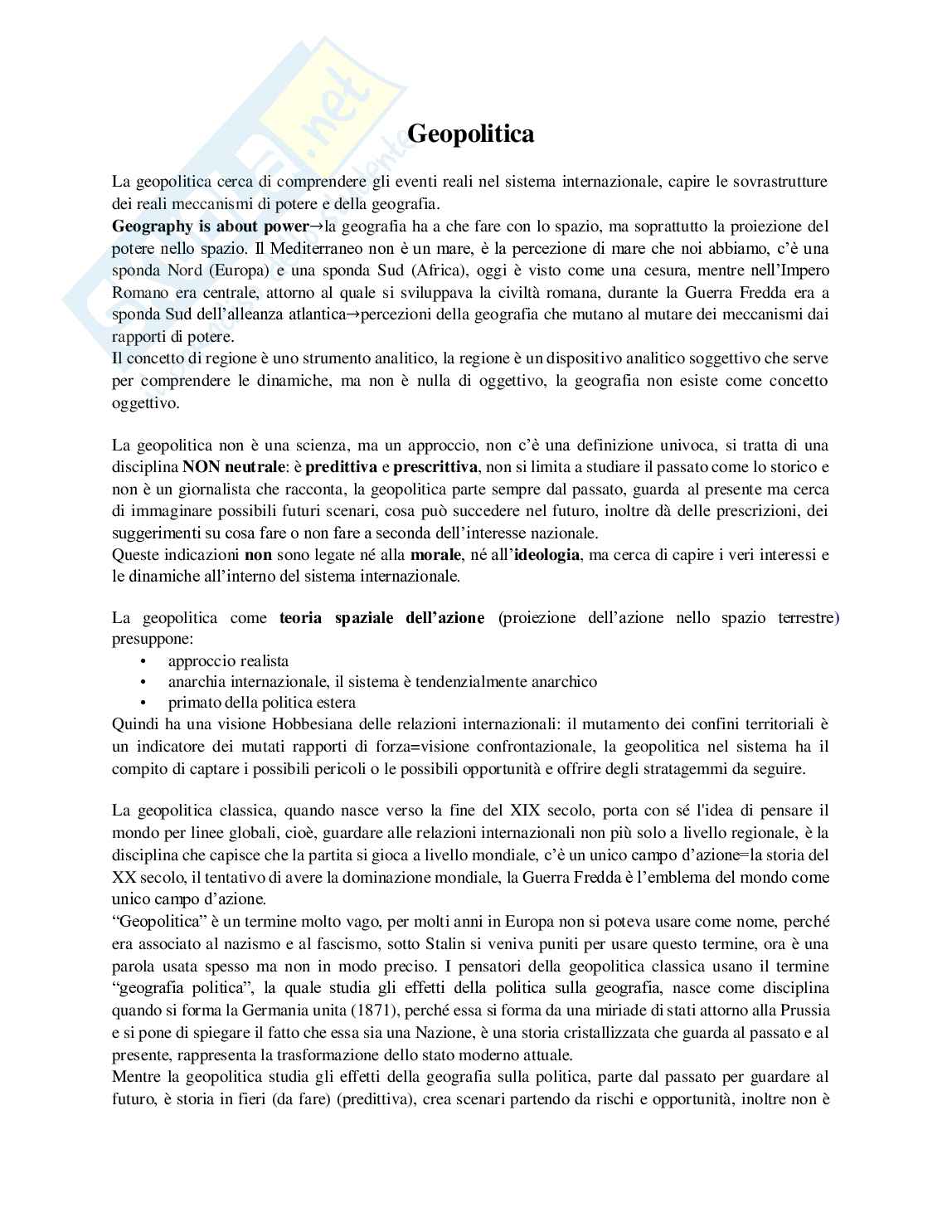 Appunti completi di Geopolitica - Teorie classiche e scenari contemporanei (94 pag.) Pag. 1