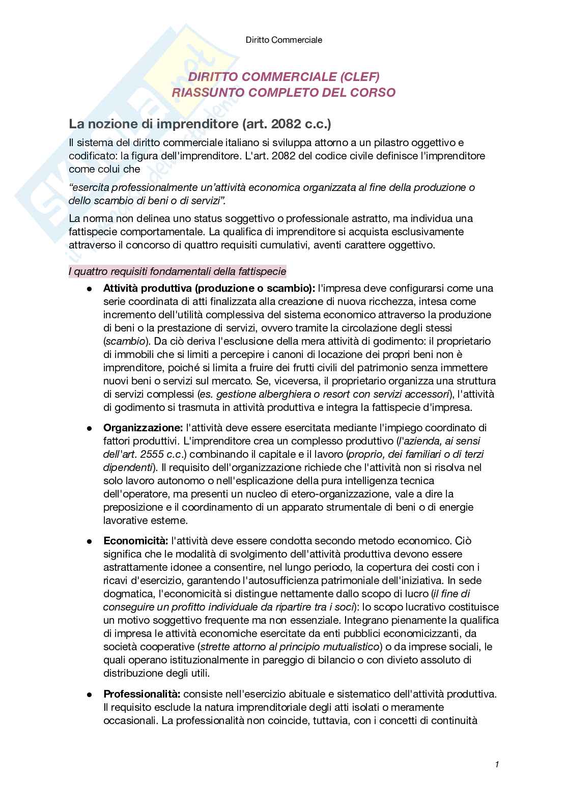 Riassunto esame Diritto commerciale, Prof. Santoni Giuseppe, libro consigliato Manuale di Diritto commerciale (VIII Edizione), Campobasso Pag. 1