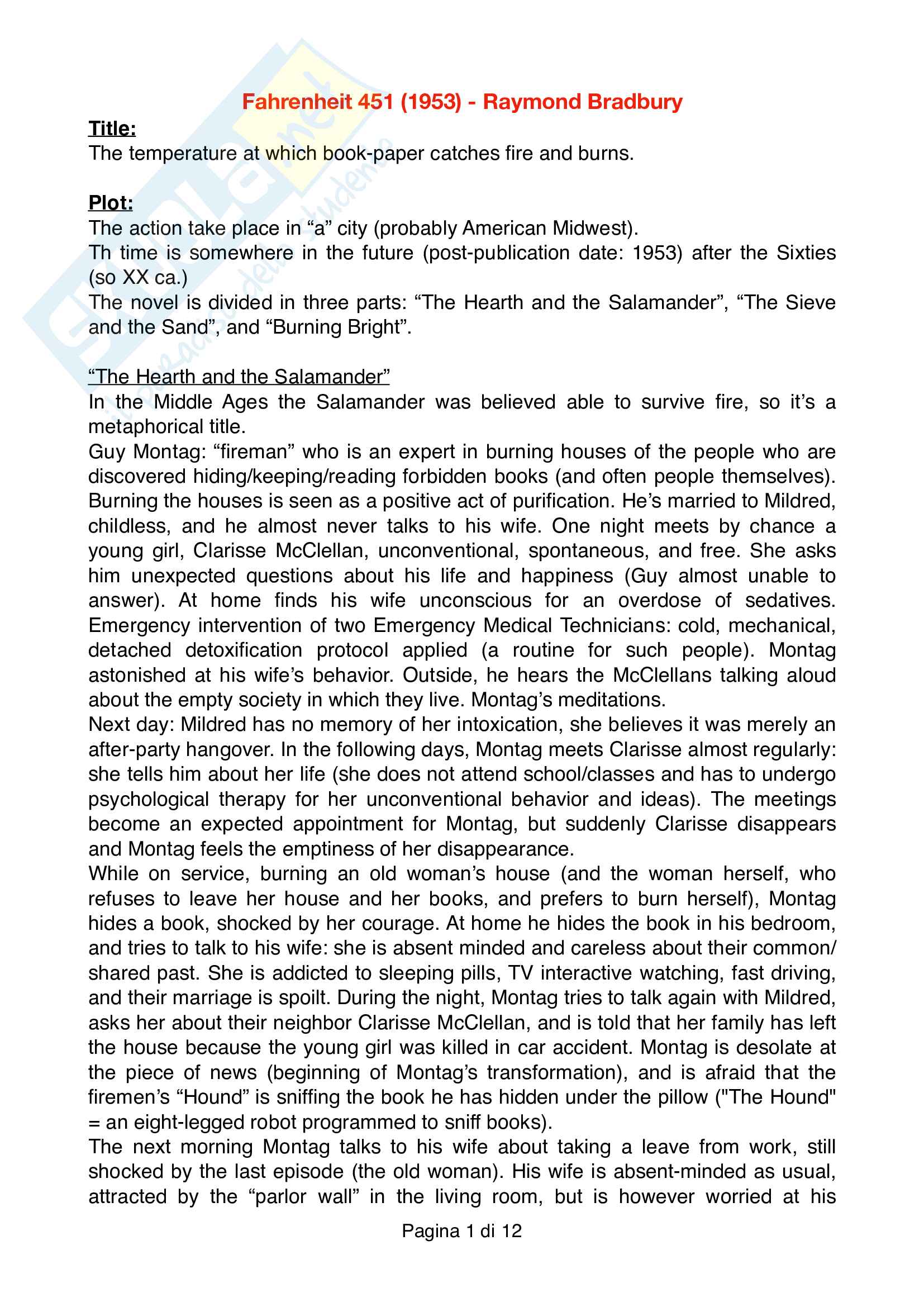 Riassunto esame letteratura inglese, Prof. Casella, libro consigliato Fahrenheit 451, Bradbury Pag. 1