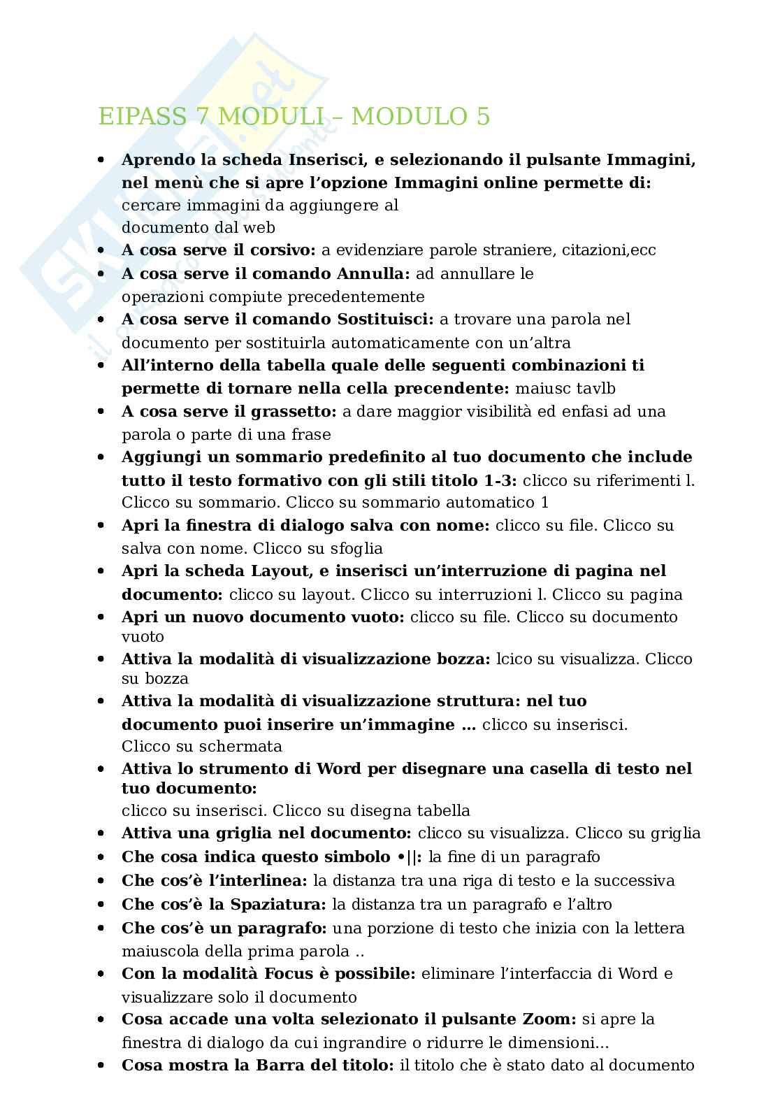 Eipass 7 moduli - Eipass Progressive - Modulo 5 (guida all'uso delle funzioni di Word). Aggiornato e completo. In ordine Pag. 1