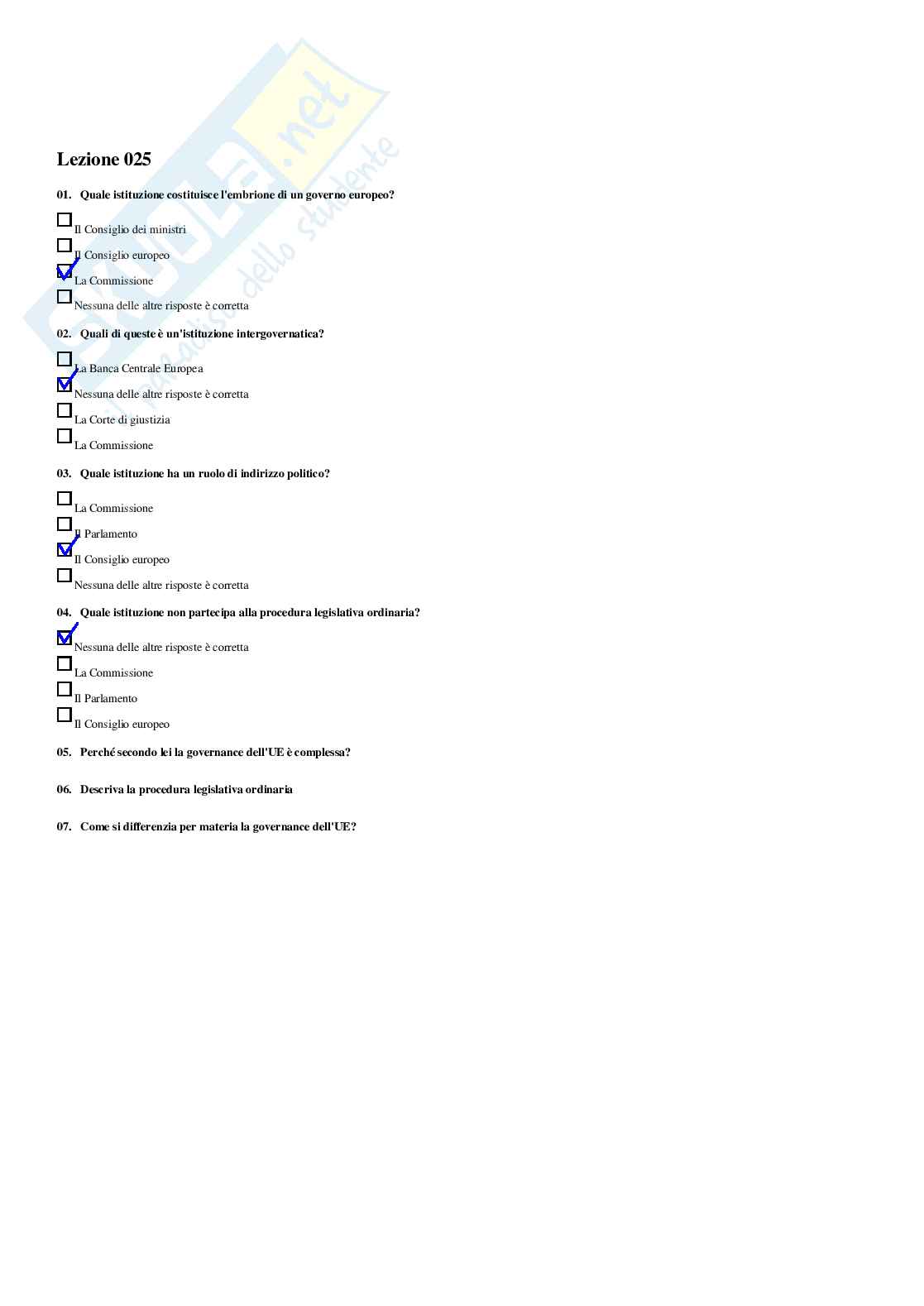 Governance dell’Unione Europea – Paniere risposte chiuse completo e corretto - A.A. 2025/26 Pag. 36