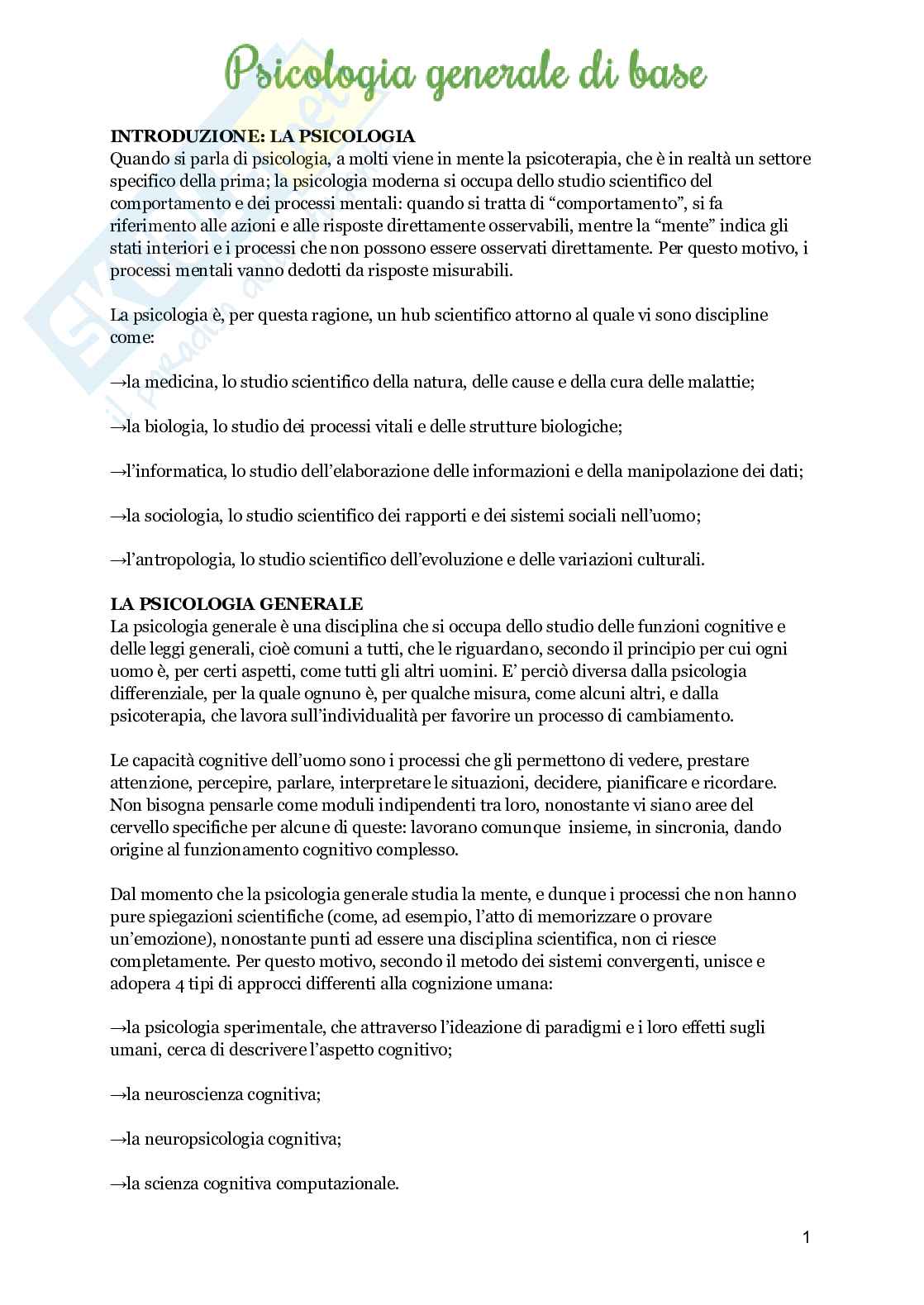Appunti integrati con slide, Psicologia generale di base Pag. 1