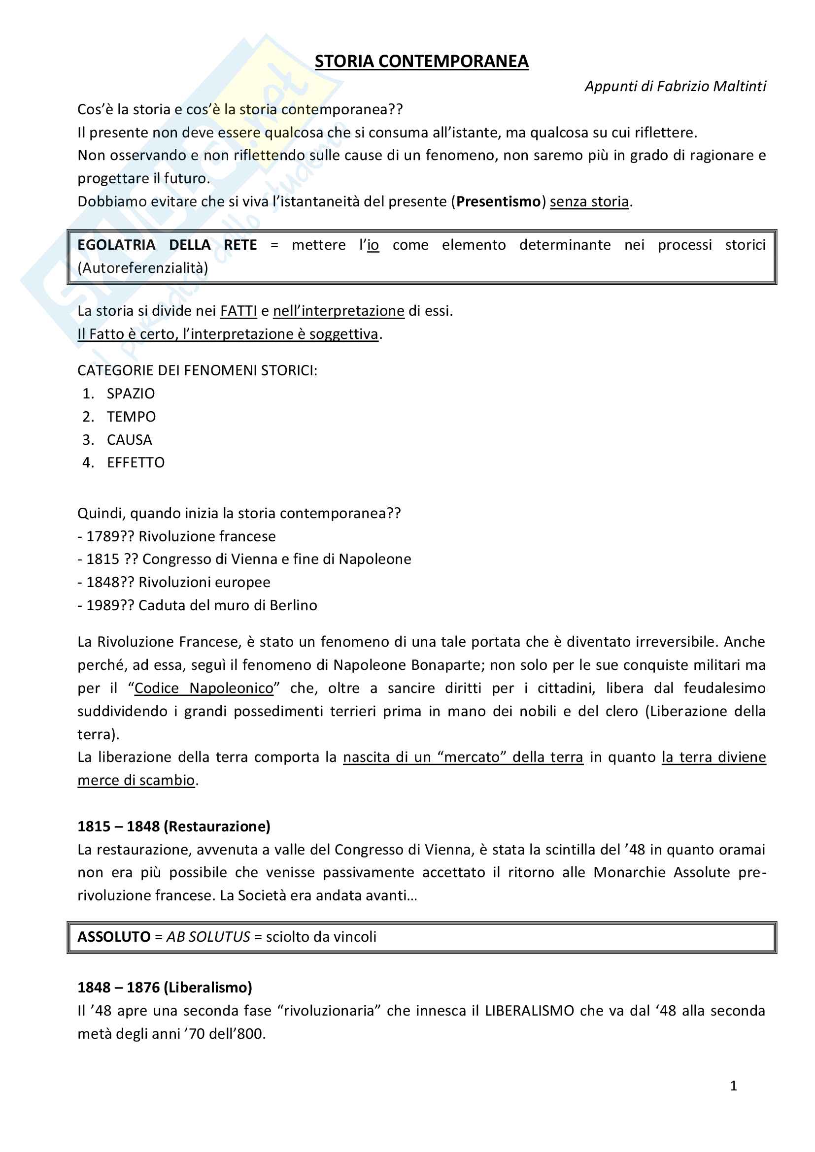 Appunti di Storia contemporanea Pag. 1