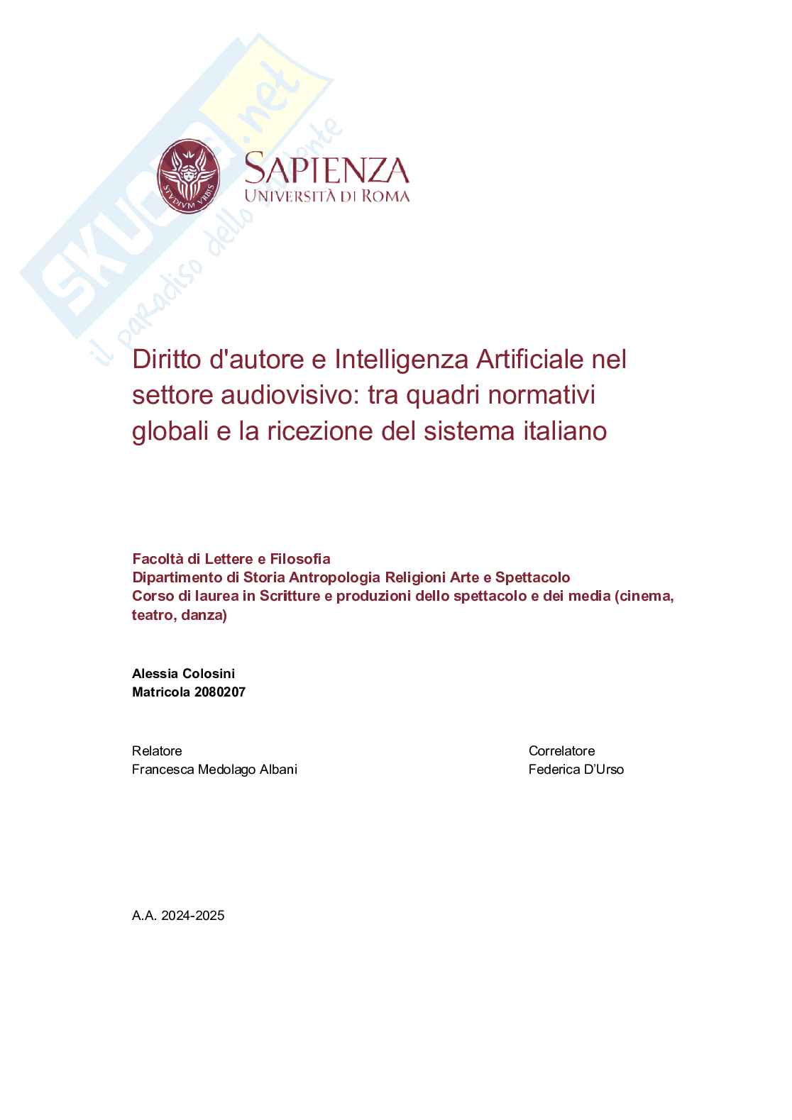 Diritto d'autore e intelligenza artificiale nel settore audiovisivo: tra quadri normativi globali e la ricezione del sistema italiano Pag. 1