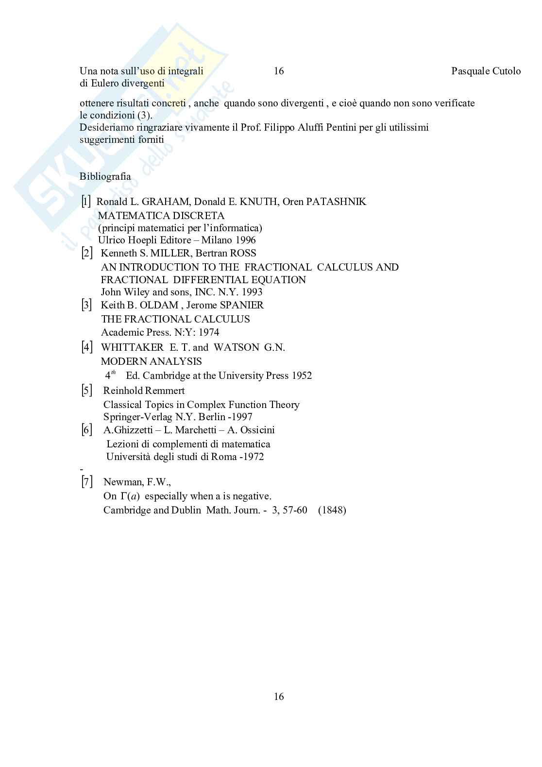Una nota sull'uso di integrali di Eulero divergenti Pag. 16