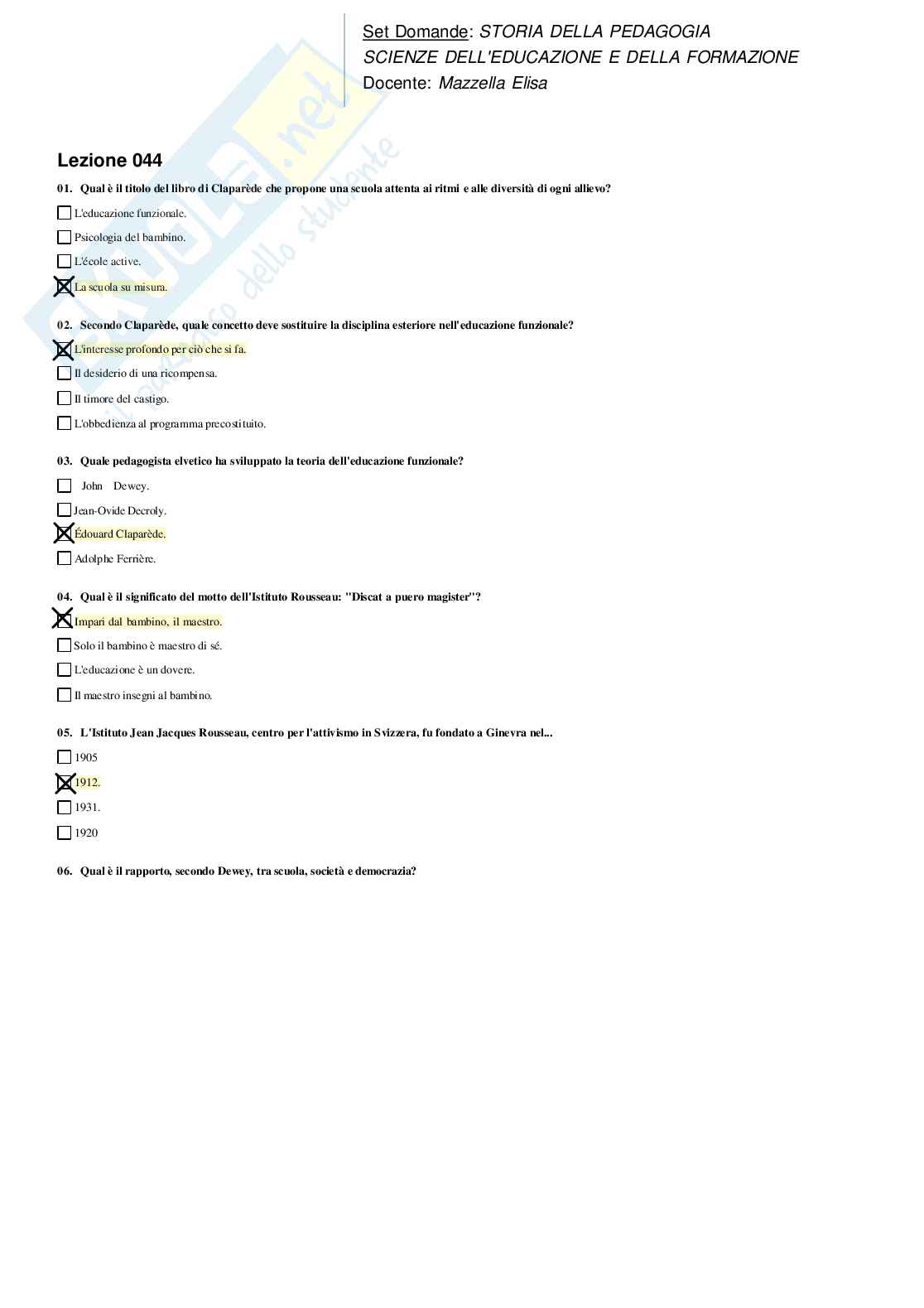 Risposte domande chiuse Storia della pedagogia aggiornate 2026  Pag. 51