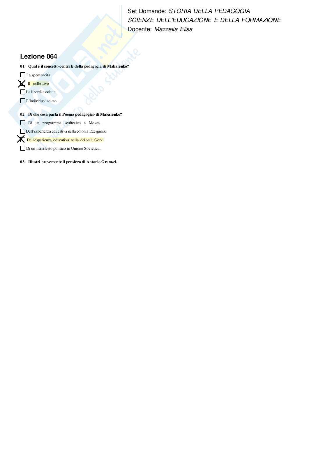 Risposte domande chiuse Storia della pedagogia aggiornate 2026  Pag. 71