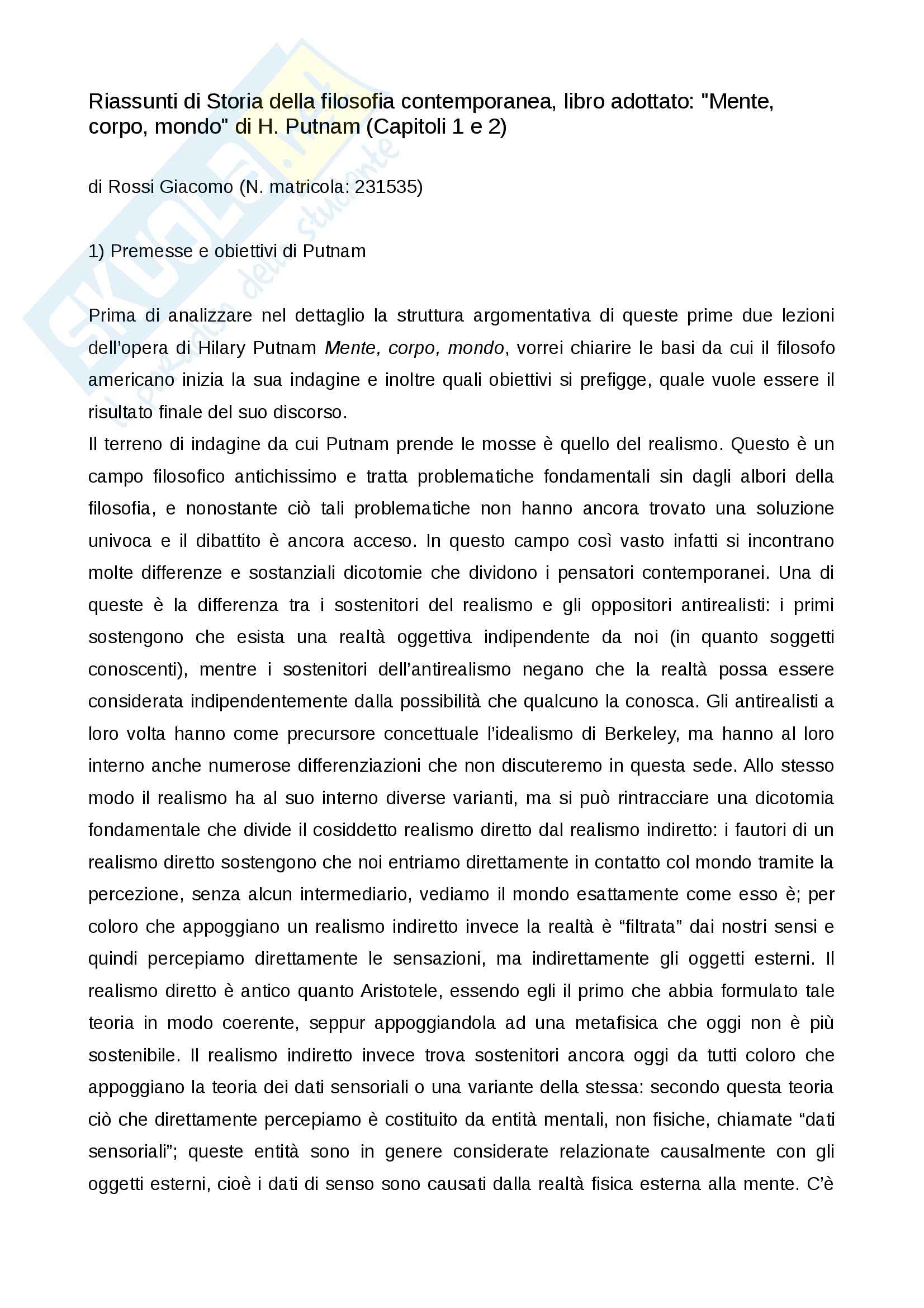 Riassunto esame Storia della filosofia, prof. Toccafondi, libro consigliato Mente, corpo, mondo, Putnam Pag. 1