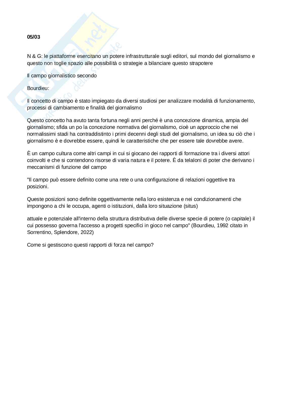 Appunti lezione Giornalismi e piattaforme digitali Pag. 1
