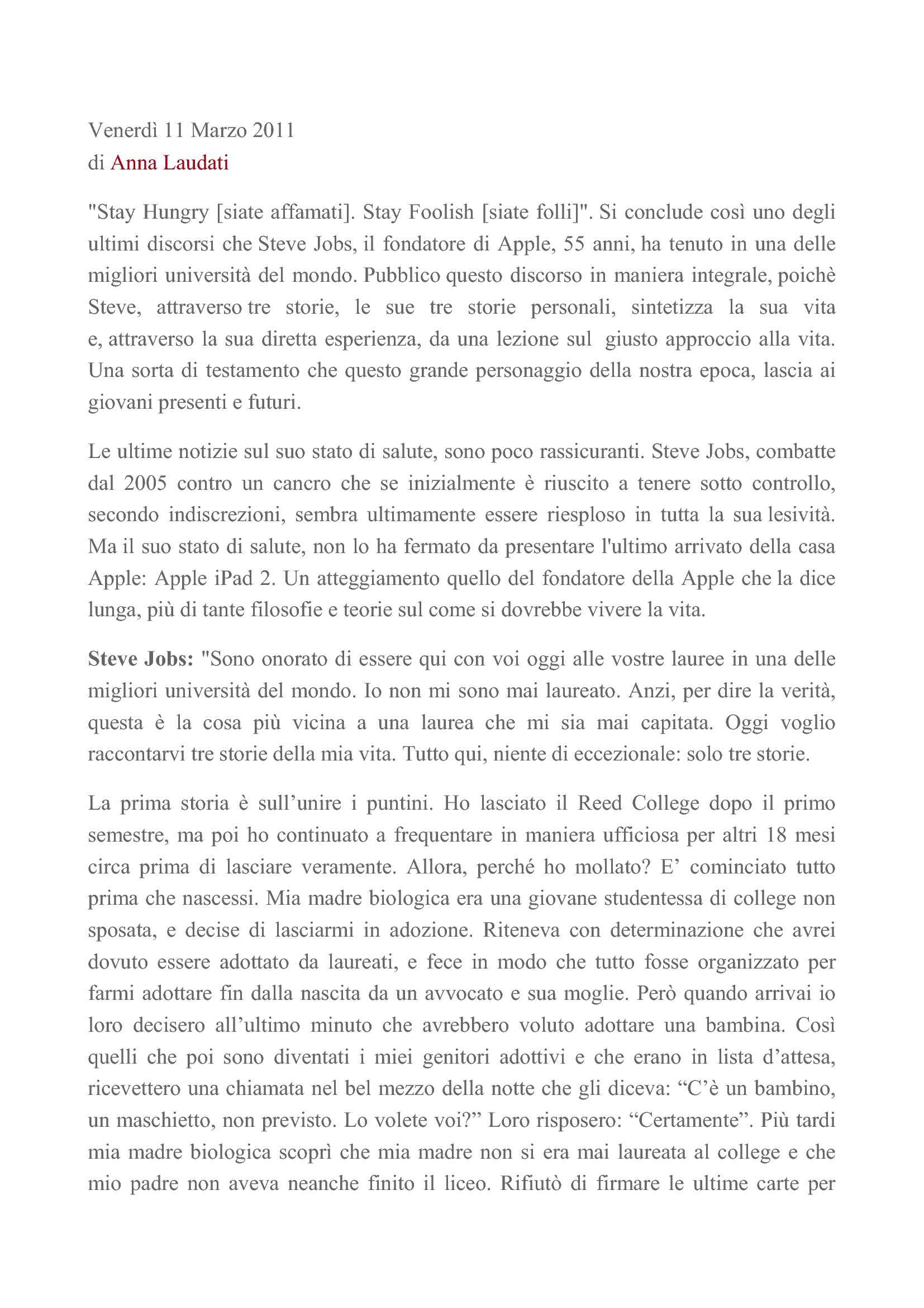 Steve Jobs Stanford University Dispense