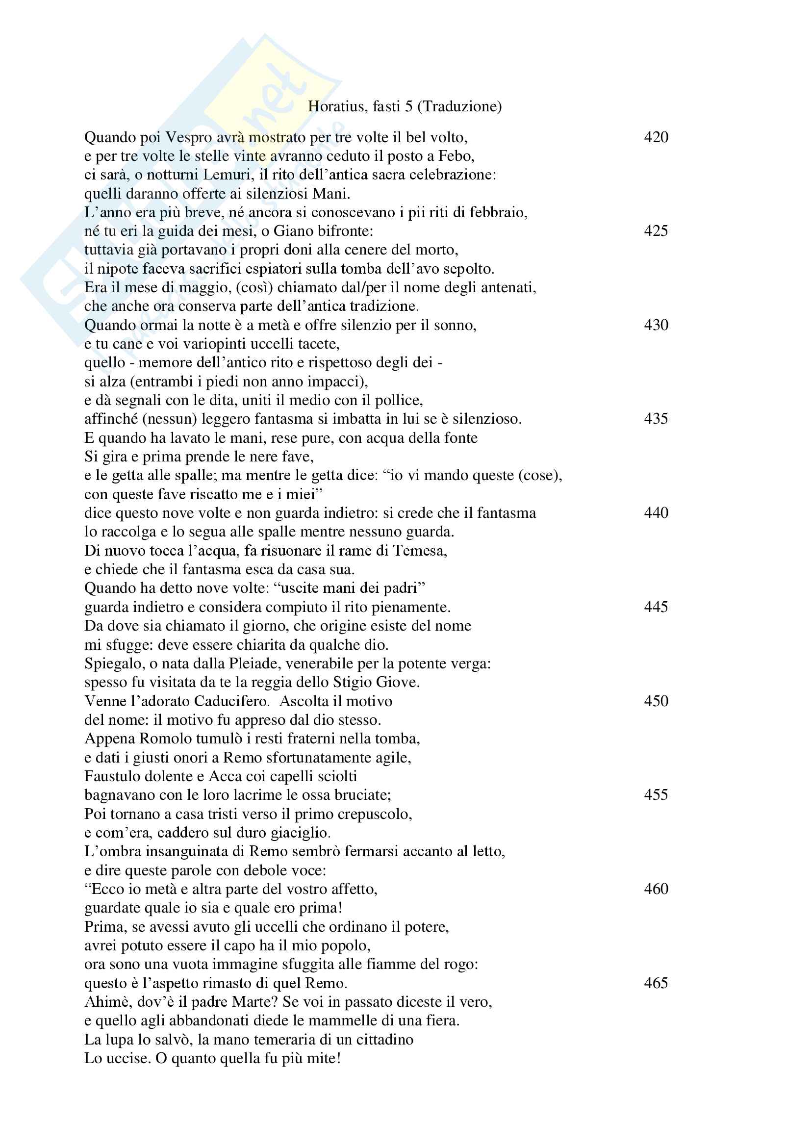 Fasti 5 (Orazio), Esame di Lingua Latina I, prof. Bandini Pag. 1