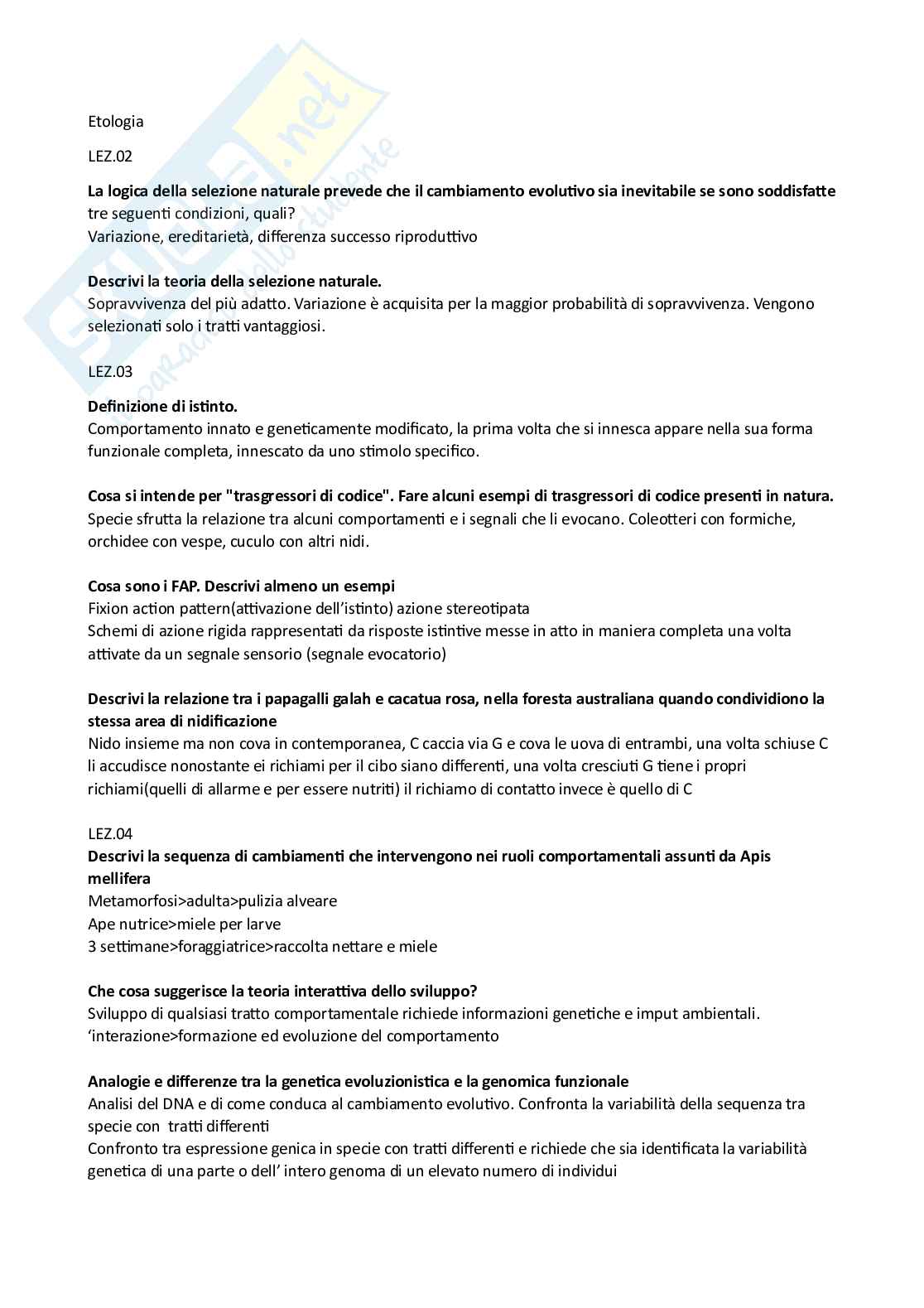 Domande aperte di Etologia  Pag. 1