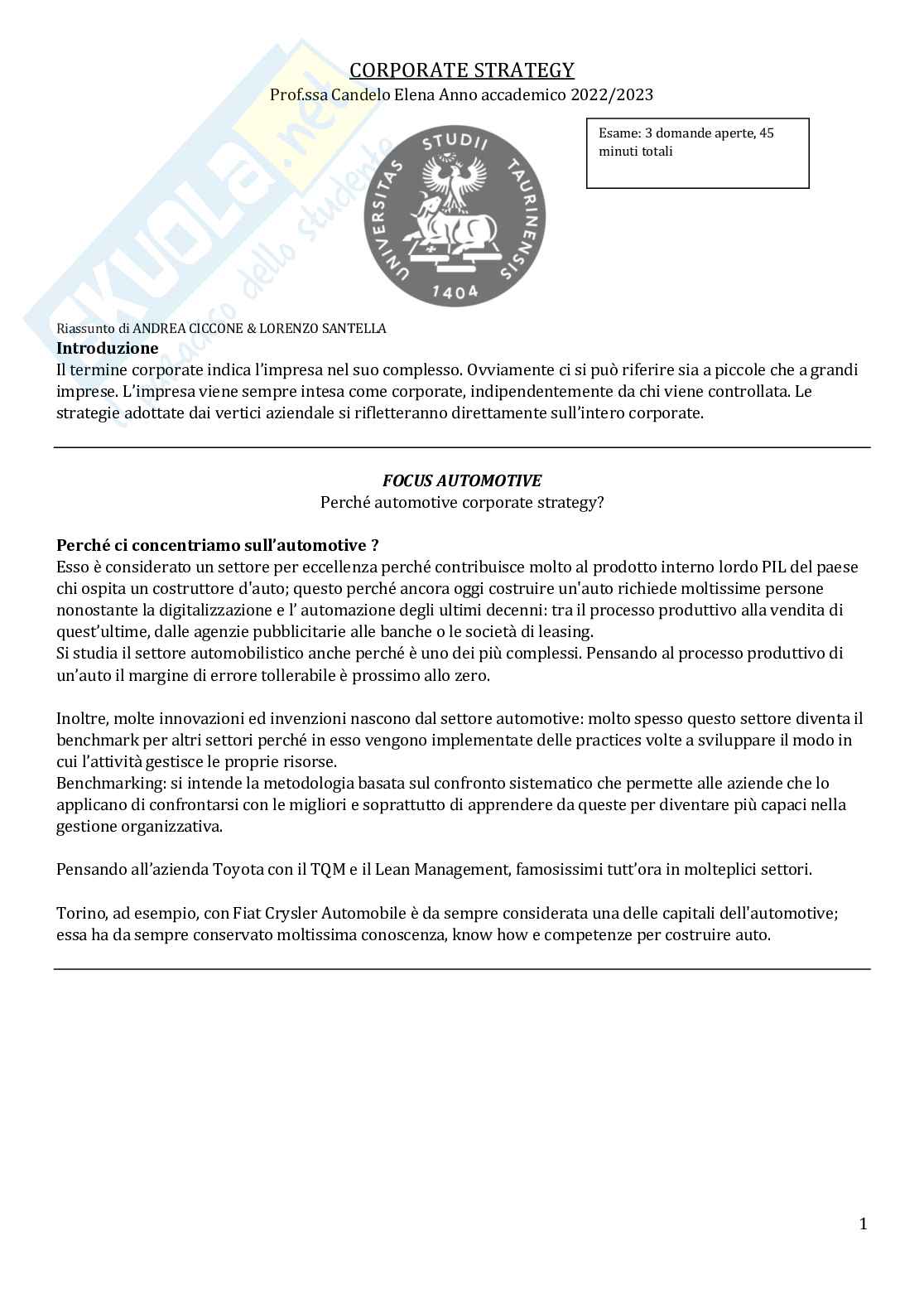 Appunti completi di Corporate Strategy + domande esame + testimonianze Pag. 1