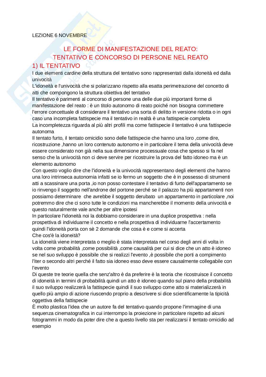 Appunti di lezione di Diritto penale su tentativo e concorso di persone nel reato Pag. 1