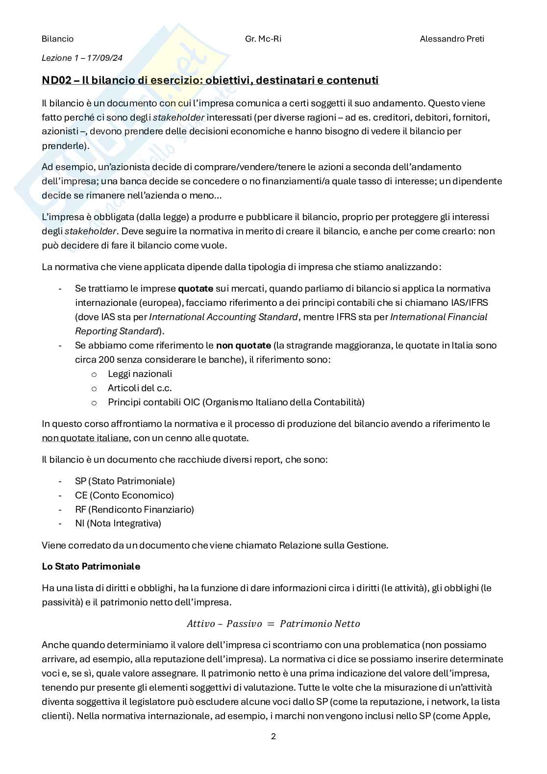 Bilancio – Appunti completi: teoria + scritture contabili (186 pag, 30 e lode) Pag. 2