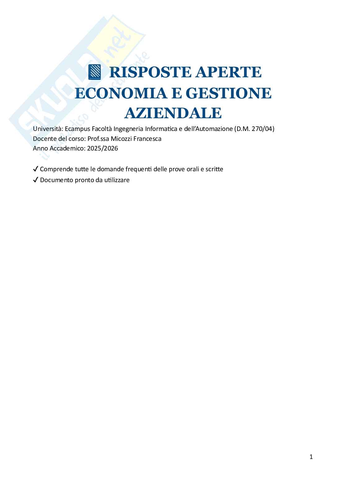 Economia e gestione aziendale – Preparazione esame – Paniere risposte aperte complete – A.A. 2025/2026 Pag. 1