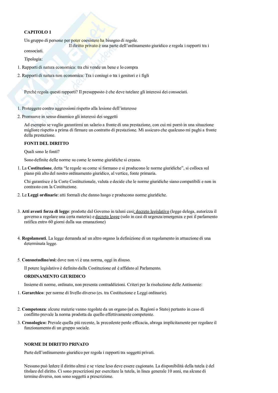 Riassunto esame Lineamenti di diritto privato, Prof. Fici Antonio, libro consigliato Lineamenti di diritto privato, Gabrielli Pag. 1