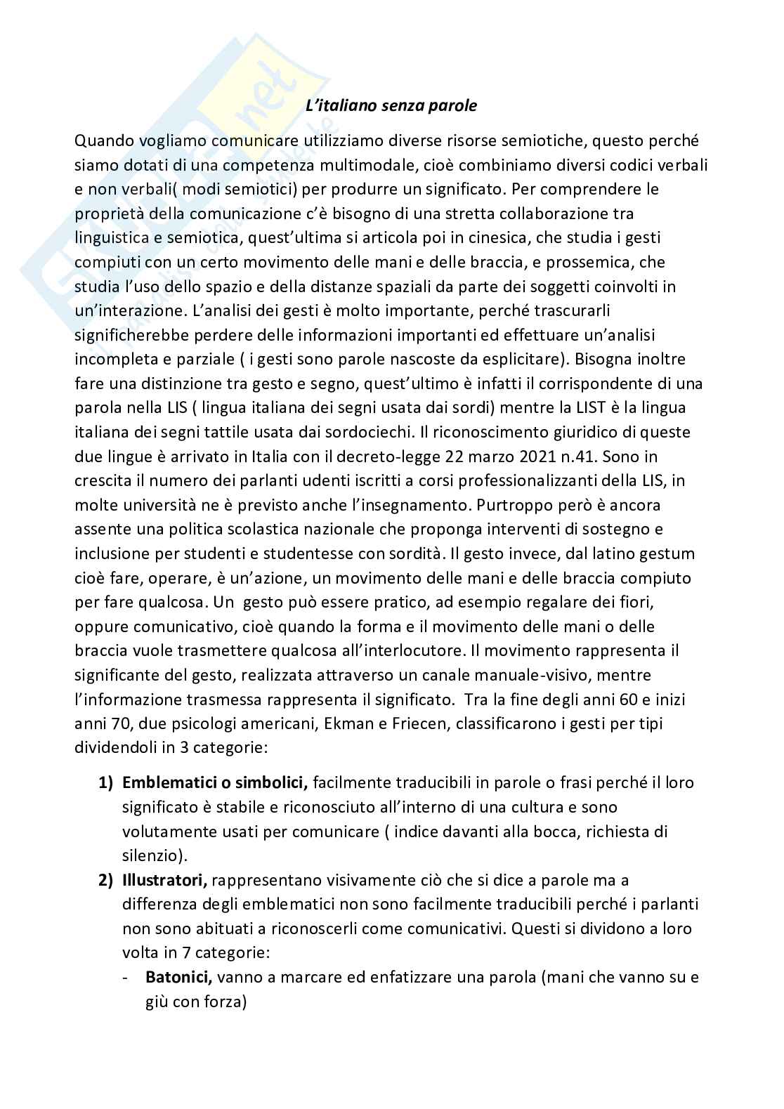 Riassunto esame Lingua e letteratura italiana , Prof. Pellecchia Claudio, libro consigliato L'italiano senza parole, Nobili Pag. 1