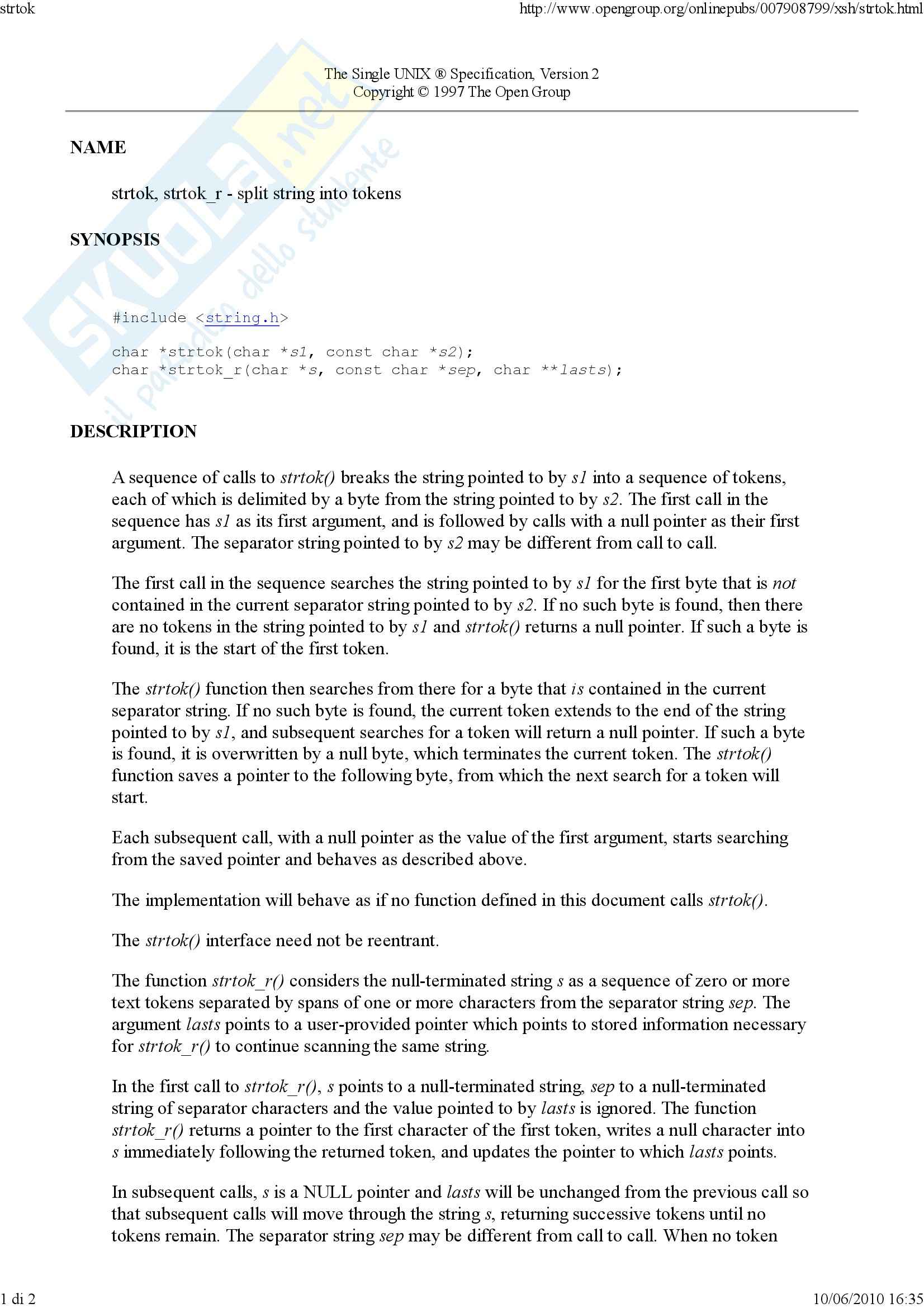 Sistemi operativi - Syscall strtok Pag. 1