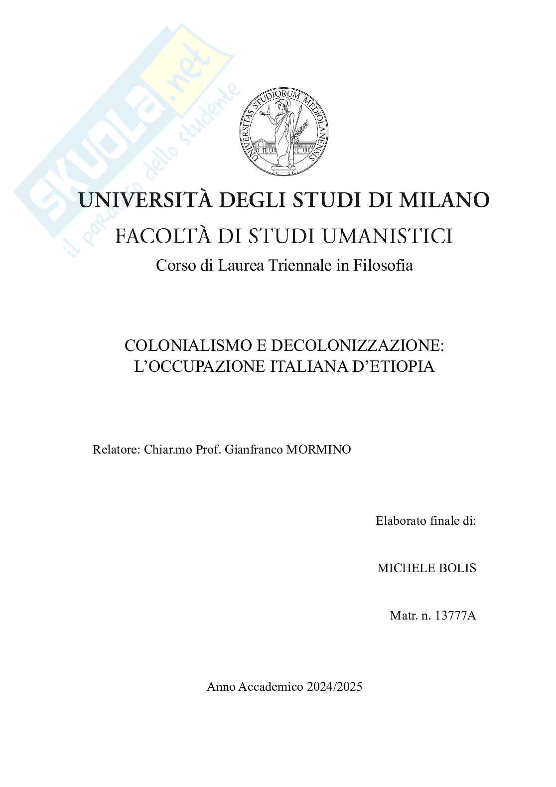 Colonialismo e decolonizzazione: l'occupazione italiana d'Etiopia Pag. 1