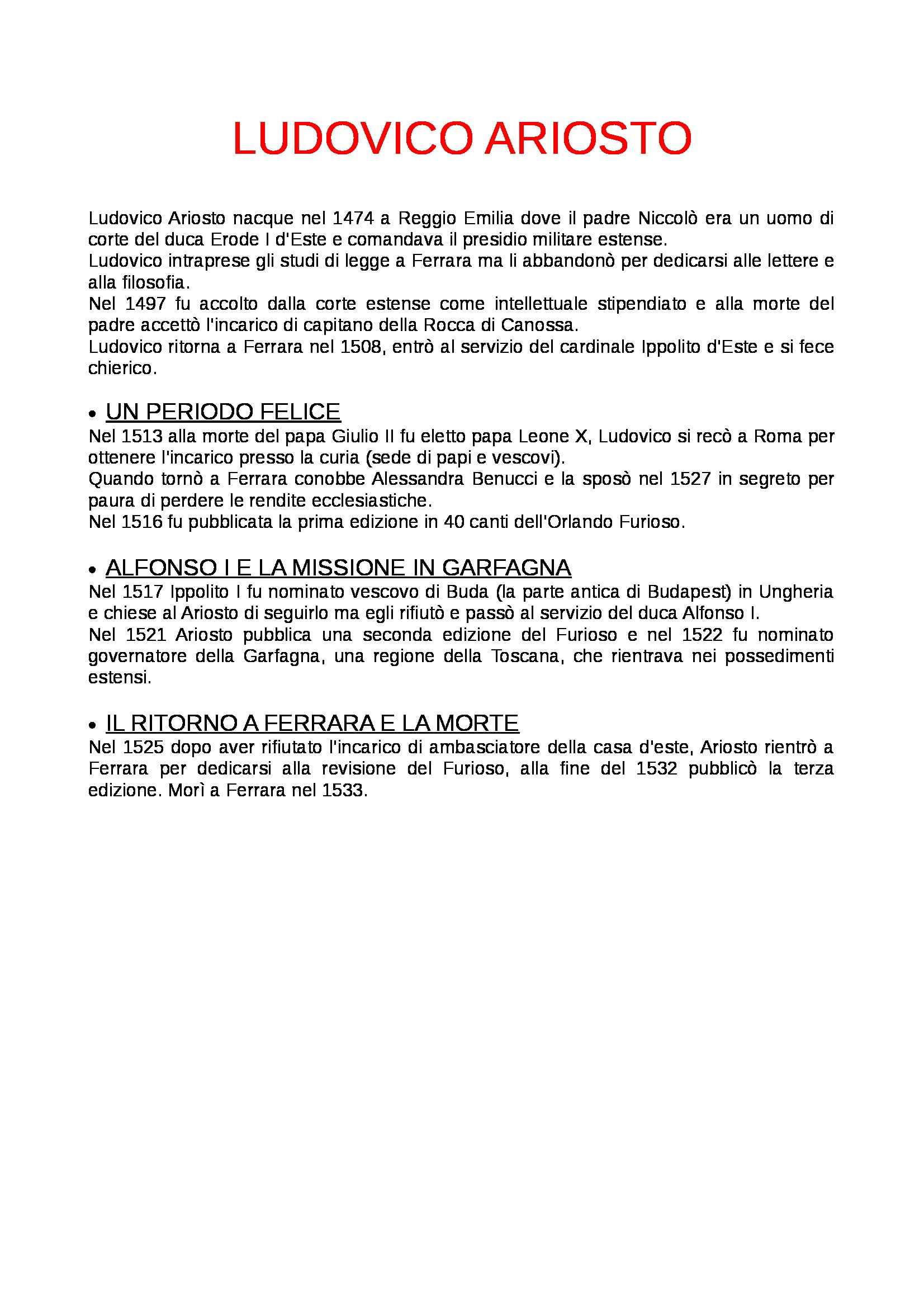 Letteratura italiana - Ludovico Ariosto Pag. 1