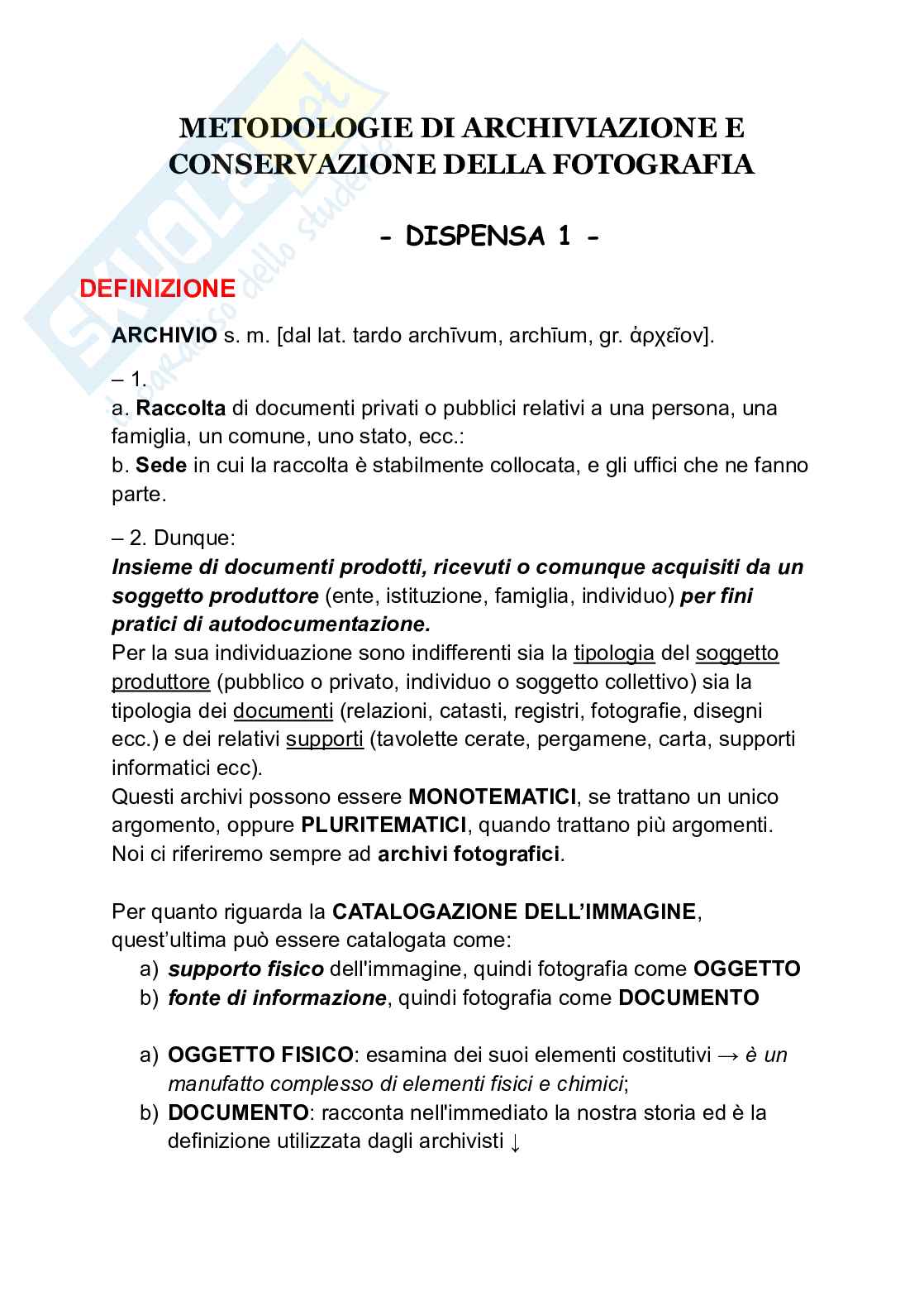 Appunti Metodologie di archiviazione e conservazione della fotografia Pag. 1