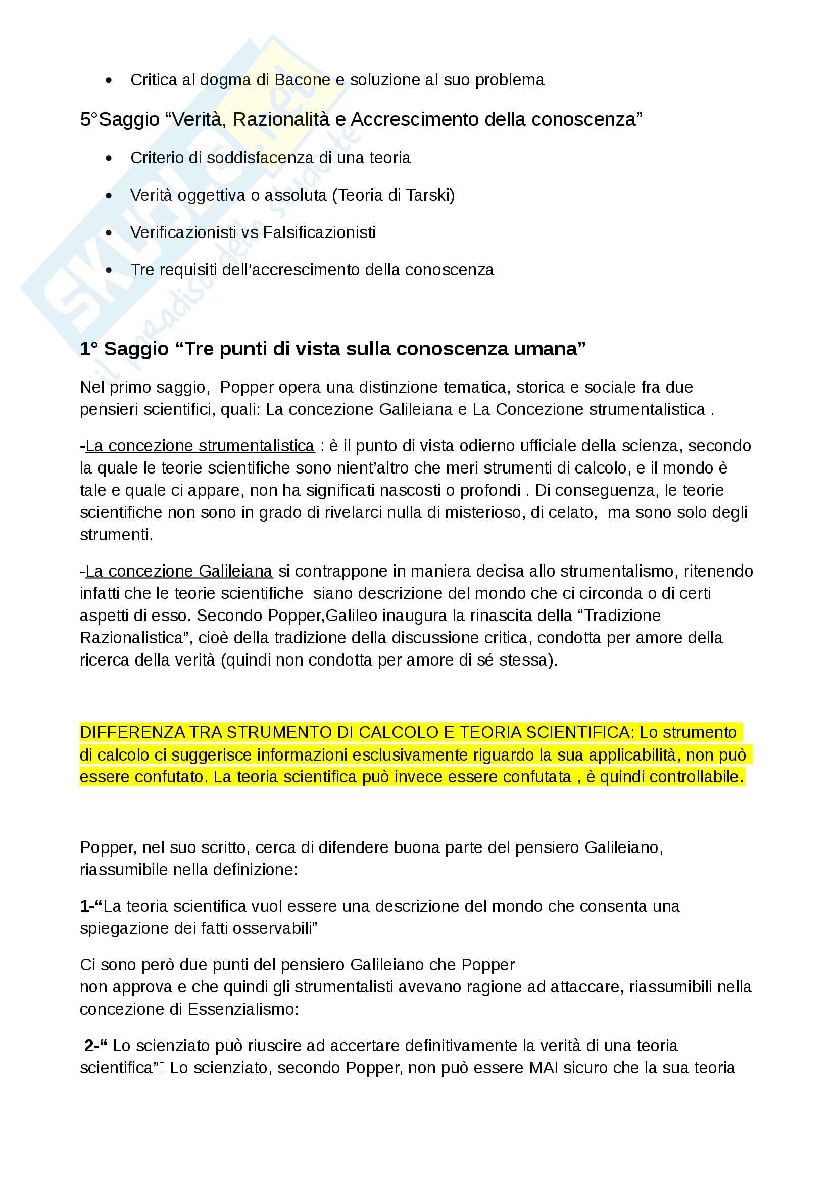 Riassunto esame Filosofia della scienza, prof. Cataldi, libro consigliato Scienza e Filosofia, Popper Pag. 2