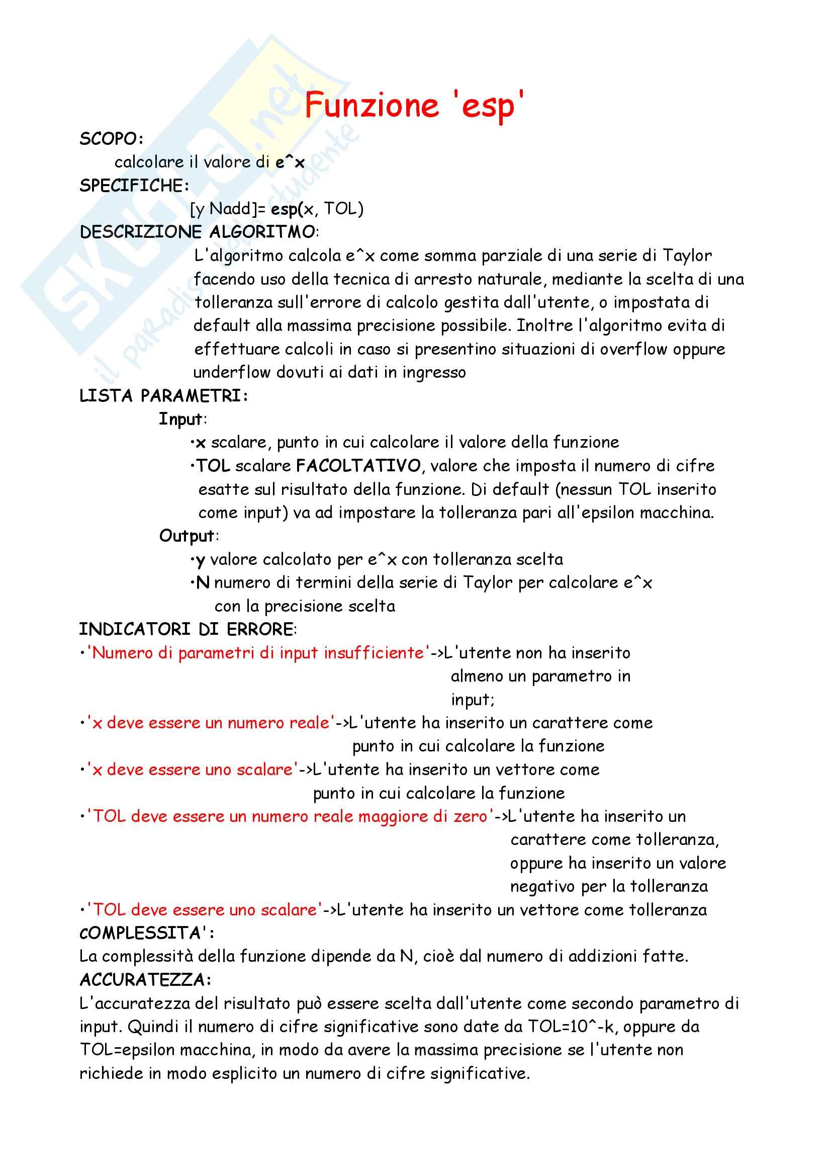 Calcolo numerico - Funzione esp Pag. 1