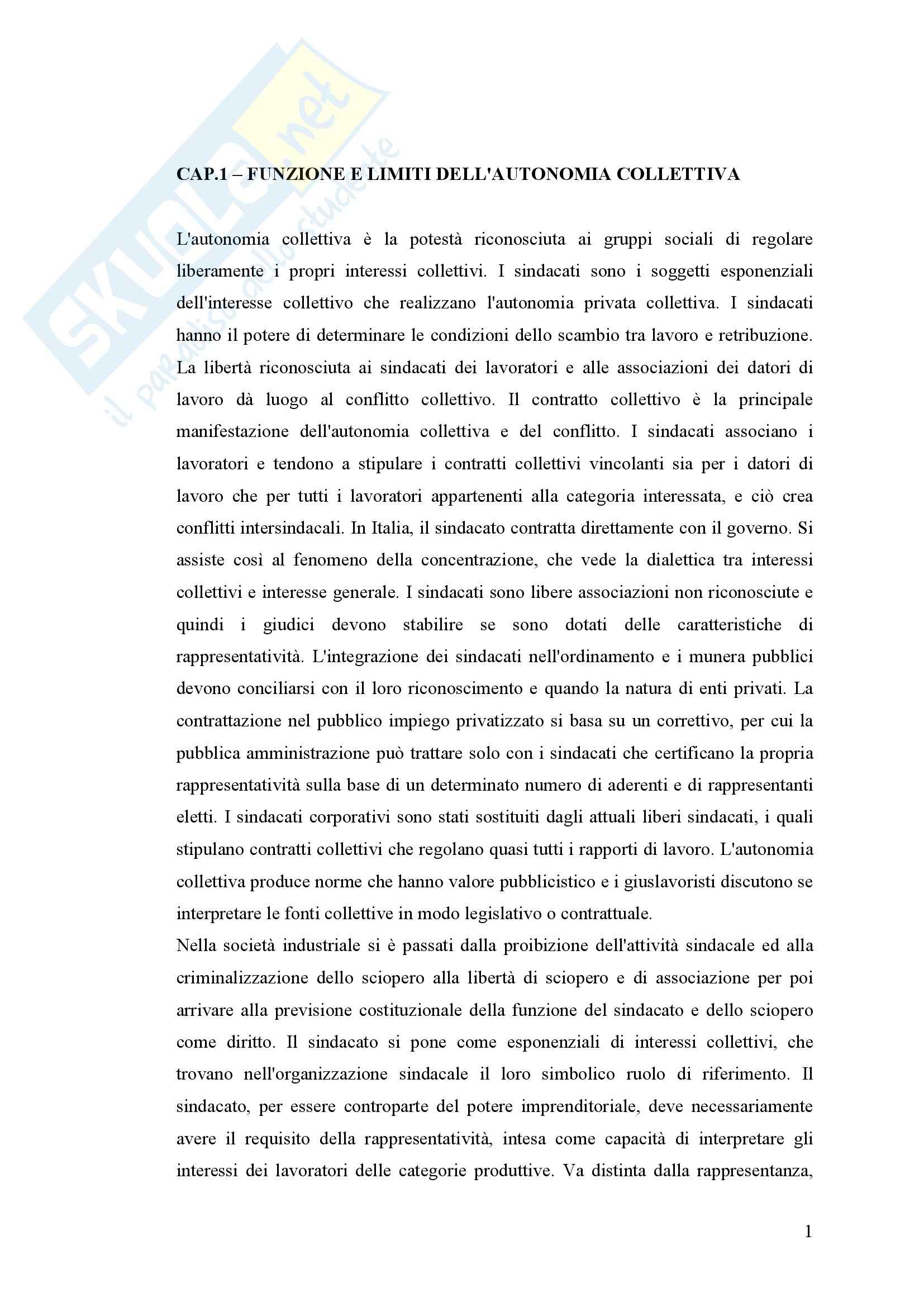 Riassunto esame Diritto di Lavoro, prof. Prosperetti, libro consigliato Autonomia Collettiva e i Diritti Sindacali di Prosperetti Pag. 1