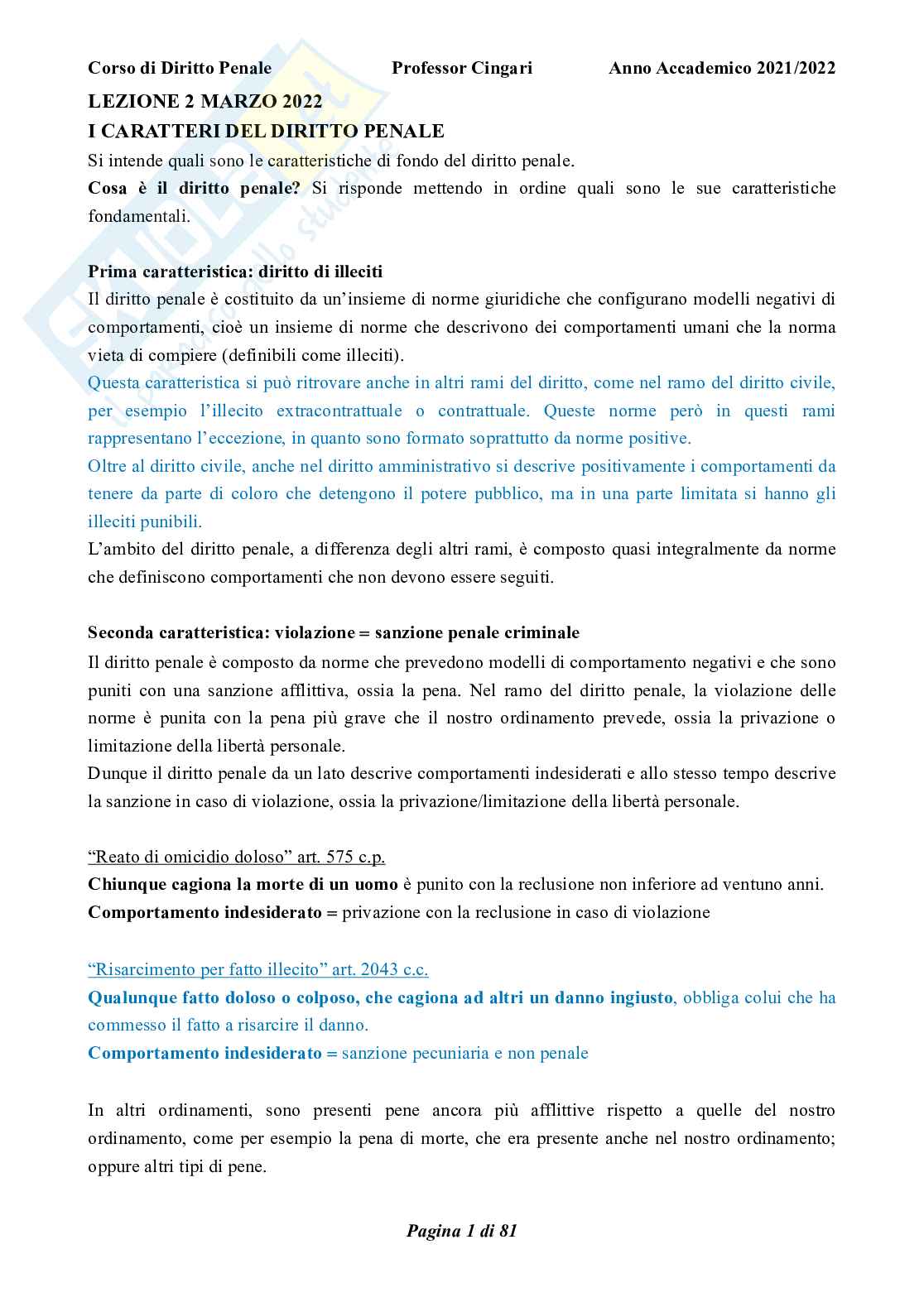 Riassunto esame Diritto penale, parte generale, Prof. Cingari Francesco, libro consigliato Corso di diritto penale, parte generale, Palazzo, Bartoli  Pag. 1